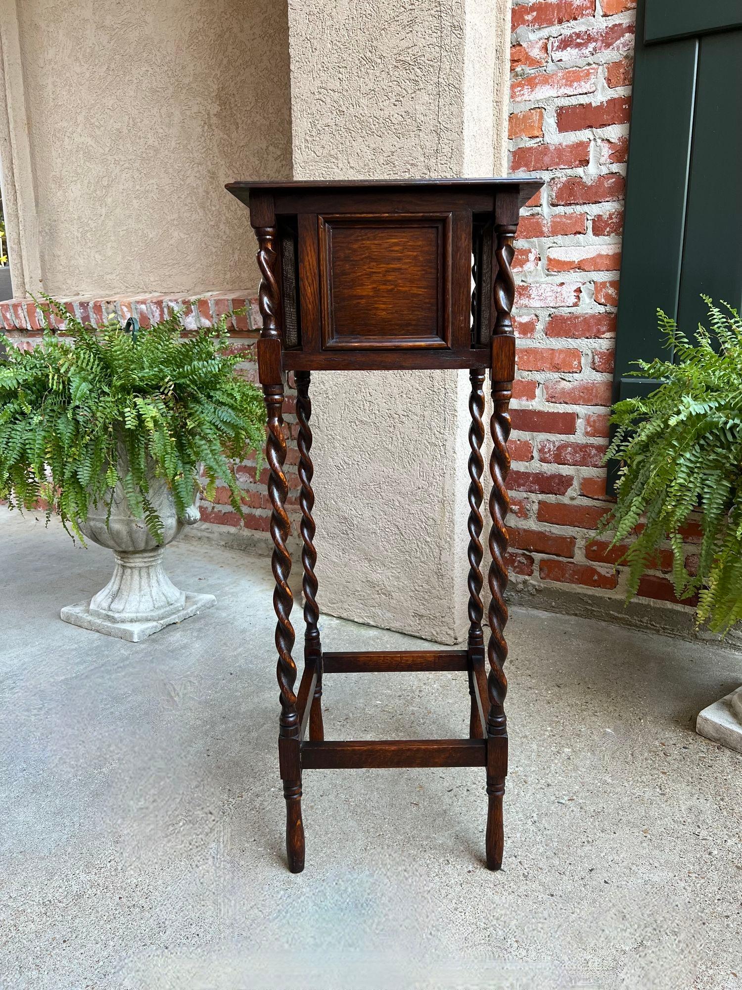 British Tall Antique English Barley Twist Plant Stand Square Display Table Tiger Oak For Sale