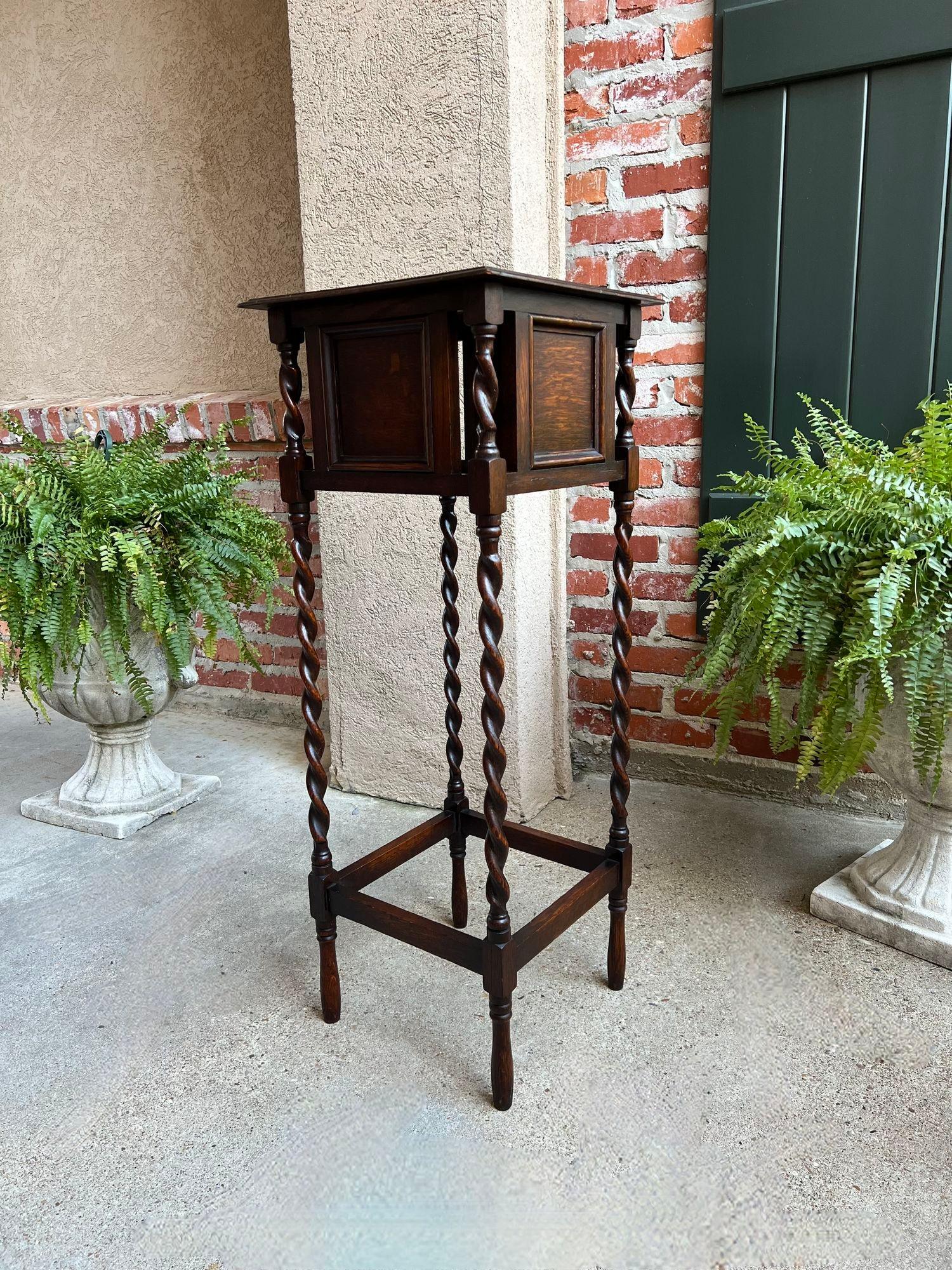 Early 20th Century Tall Antique English Barley Twist Plant Stand Square Display Table Tiger Oak For Sale