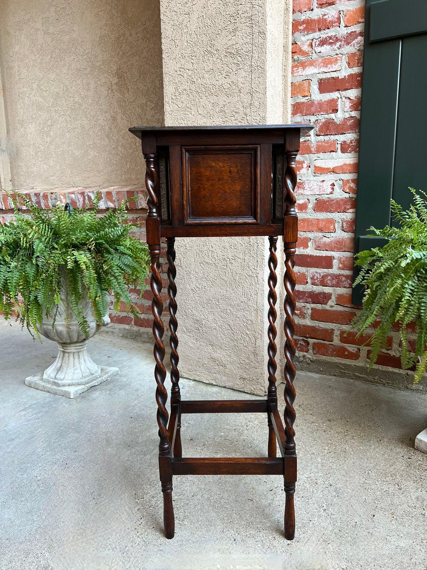 Tall Antique English Barley Twist Plant Stand Square Display Table Tiger Oak For Sale 1