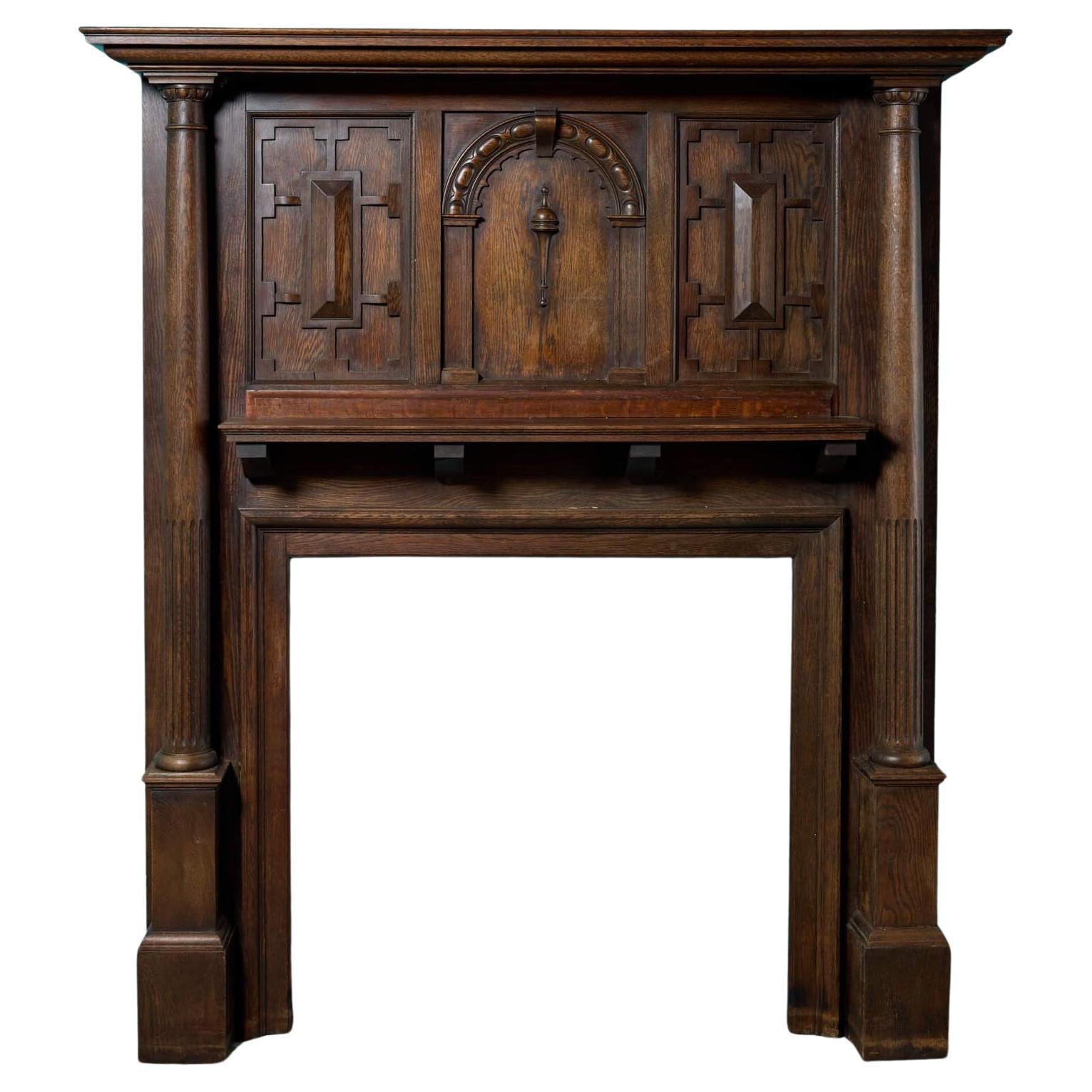 Tall Antique English Oak Fire Mantel For Sale