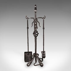Tall Antique Fireside Companion, English, Wrought Iron, Fire Tool Set, Edwardian