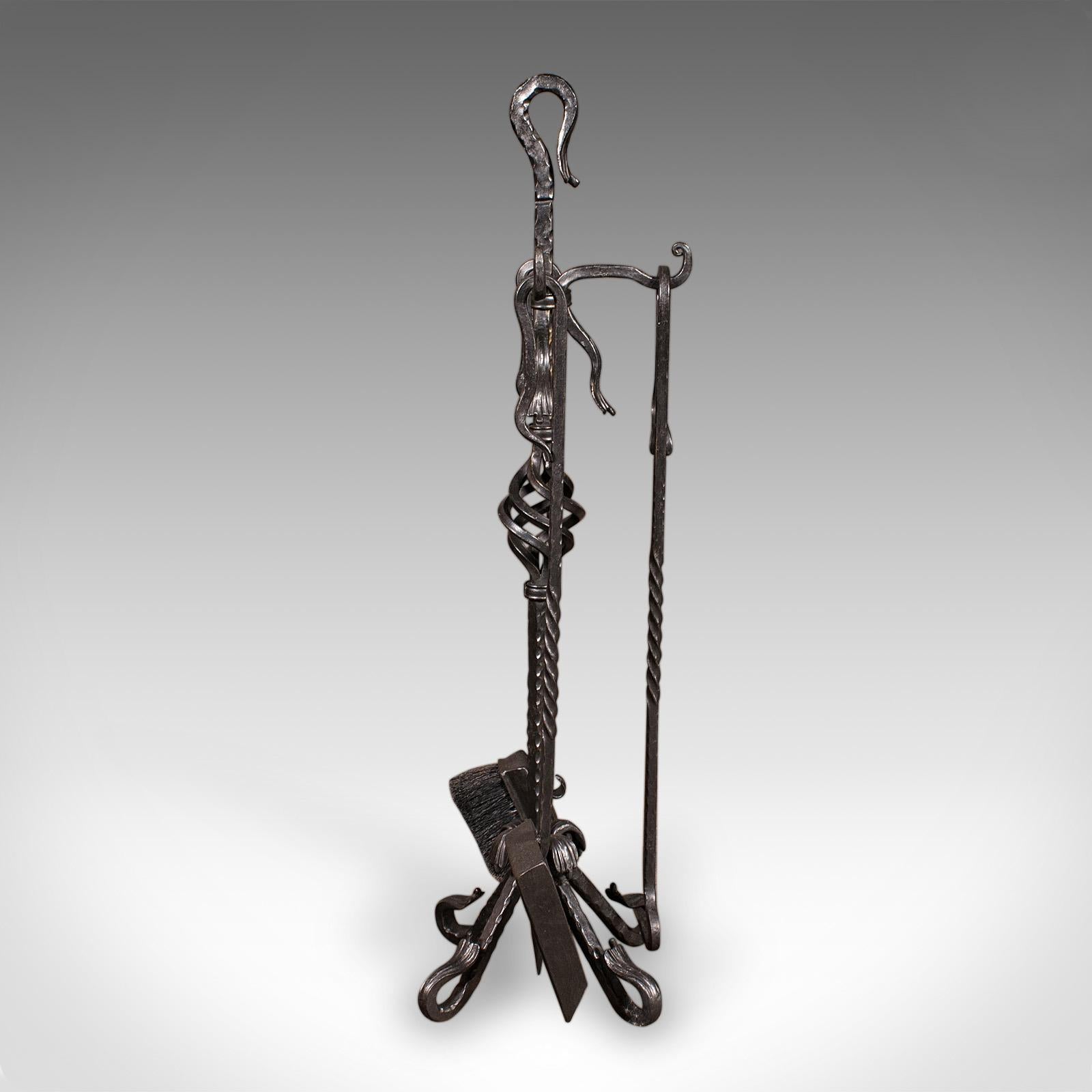 British Tall Antique Fireside Companion, English, Wrought Iron, Fire Tool Set, Edwardian For Sale