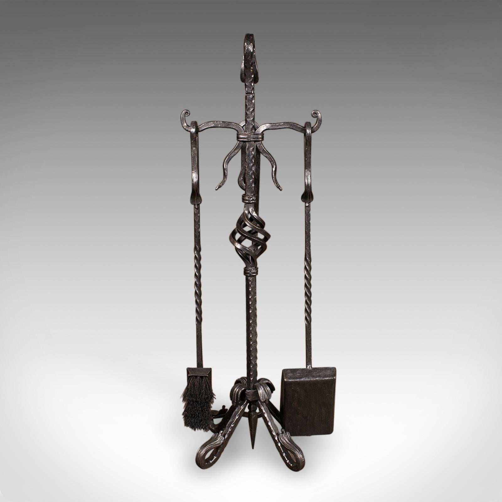 Tall Antique Fireside Companion, English, Wrought Iron, Fire Tool Set, Edwardian In Good Condition For Sale In Hele, Devon, GB