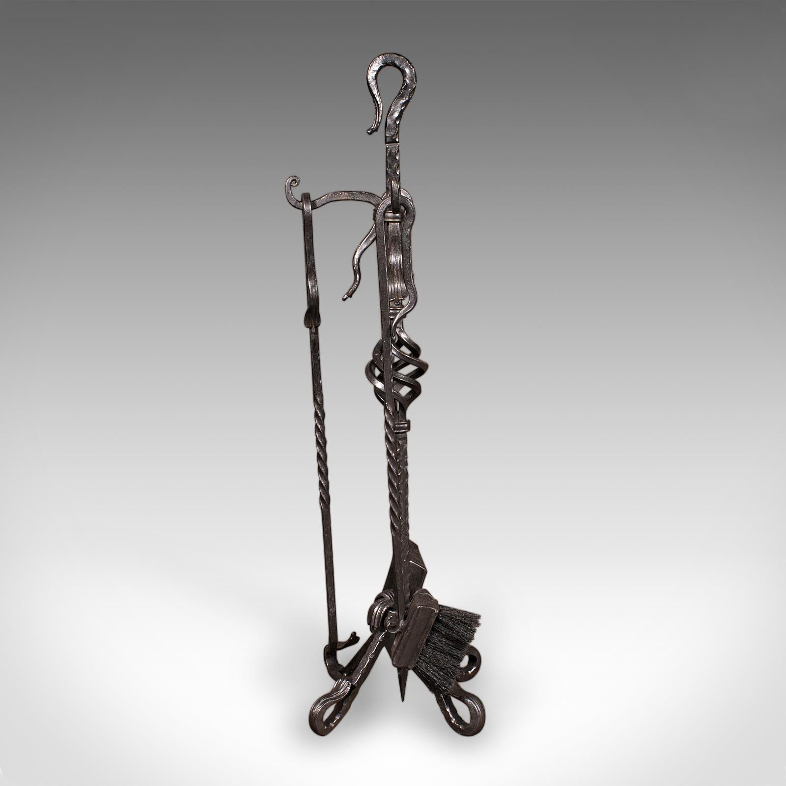 Early 20th Century Tall Antique Fireside Companion, English, Wrought Iron, Fire Tool Set, Edwardian For Sale