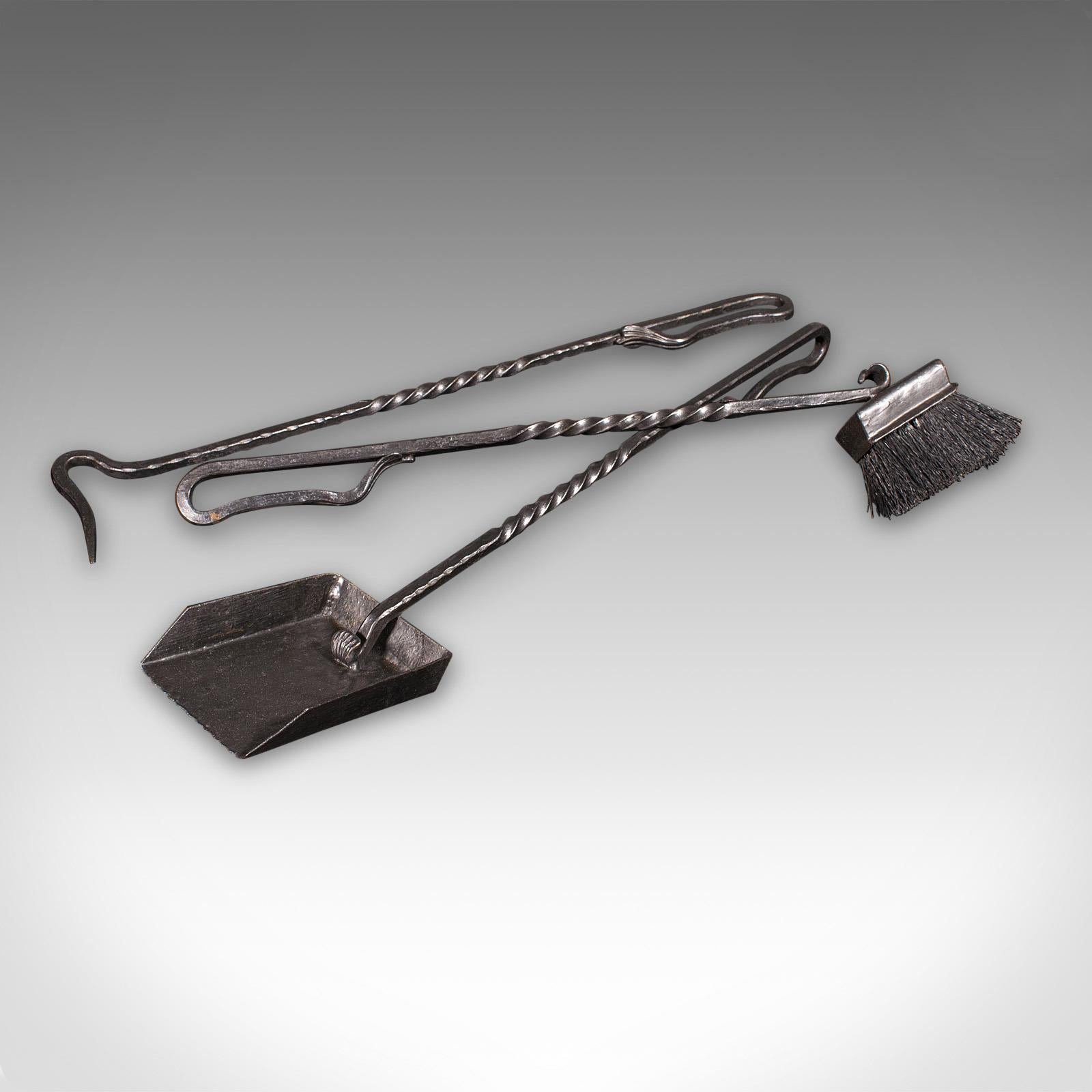 Tall Antique Fireside Companion, English, Wrought Iron, Fire Tool Set, Edwardian For Sale 4