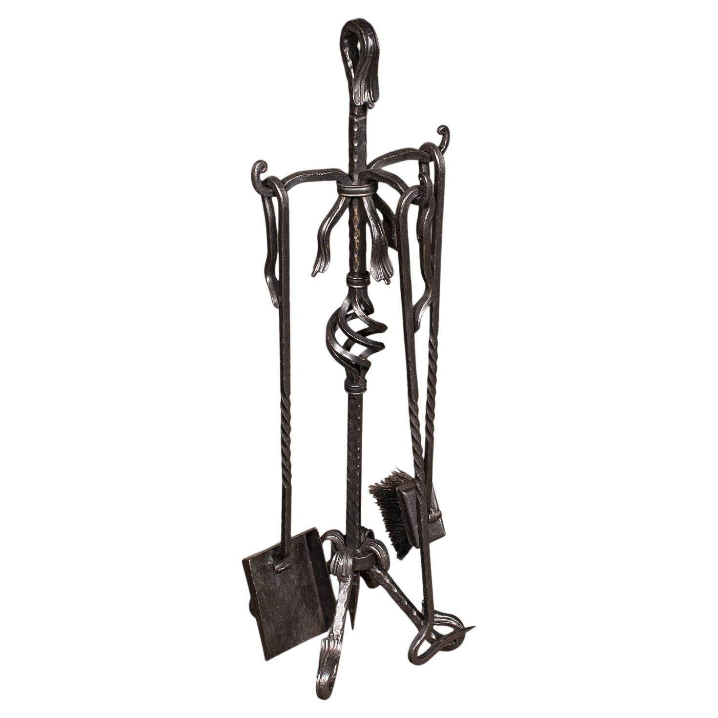 Tall Antique Fireside Companion, English, Wrought Iron, Fire Tool Set, Edwardian For Sale