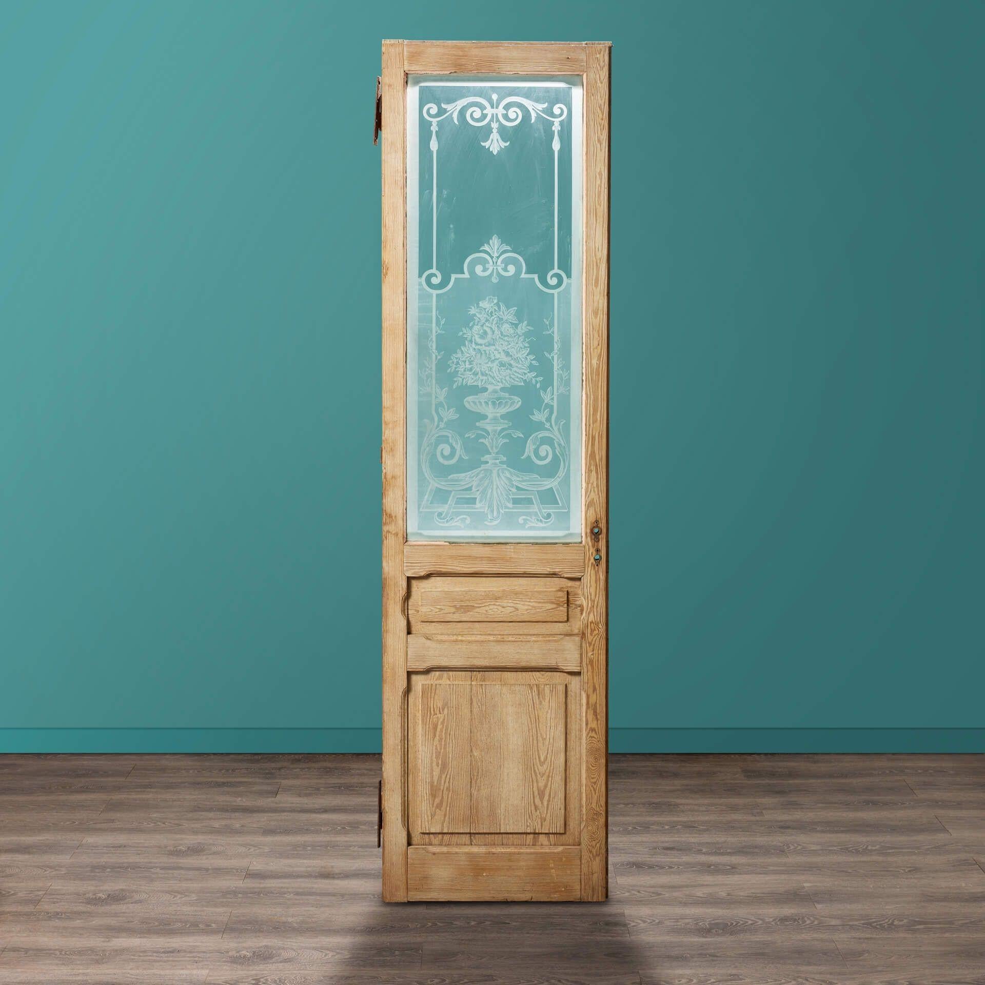 Victorian Tall Antique French Acid Etched Pine Door For Sale
