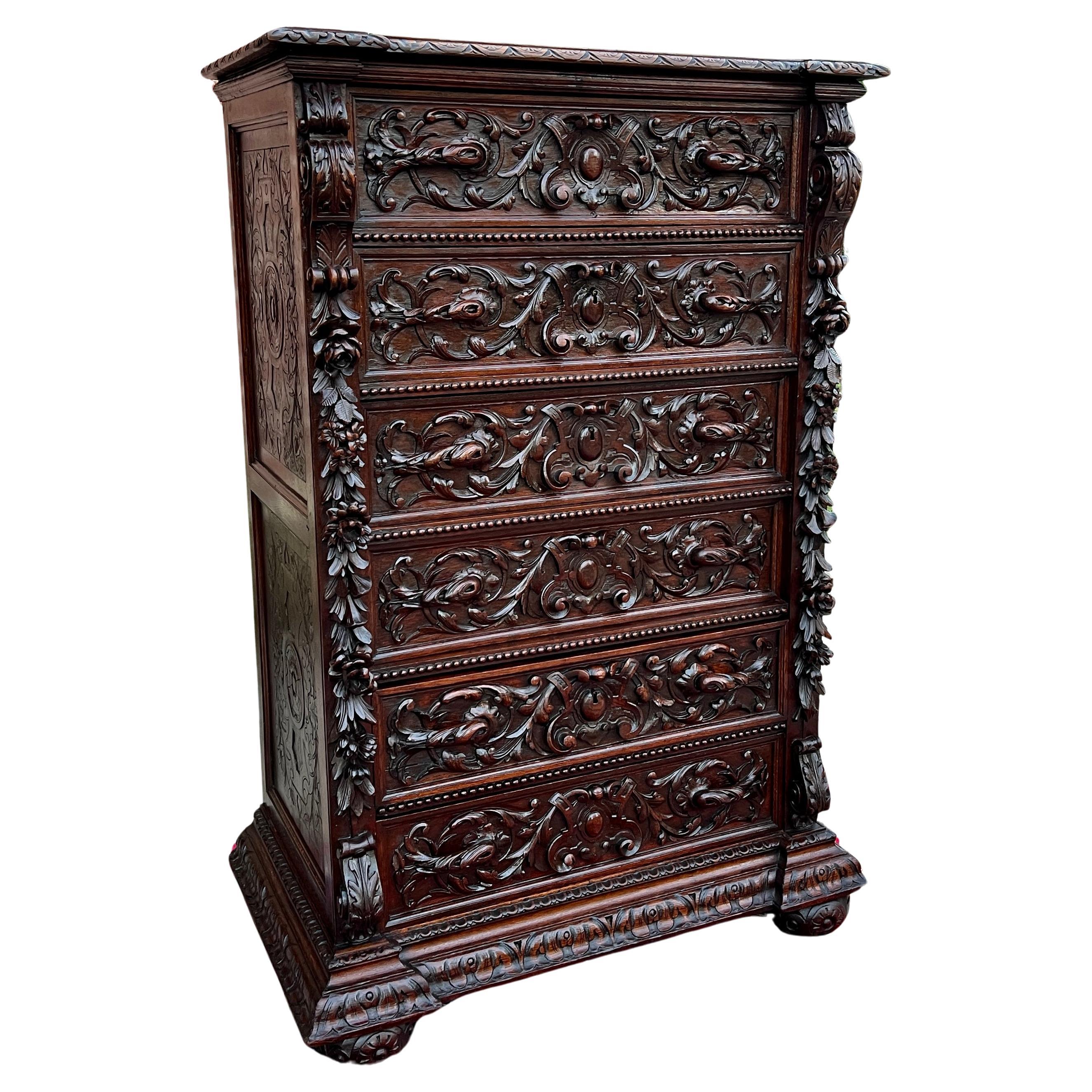 Tall Antique French Chest of Drawers Renaissance Revival Carved Oak c. 1880s