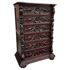 Cómoda Alta Antique French Renacimiento Roble Tallado c. 1880s