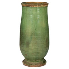 Tall Antique French Green Glazed Olivette Jar