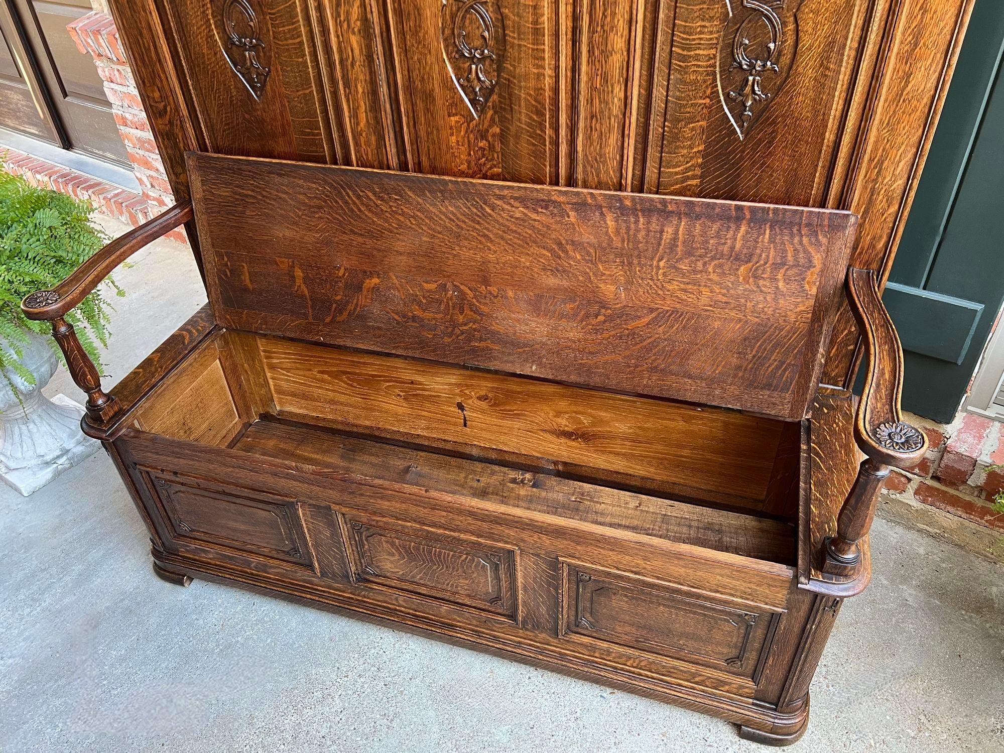 TALL Antique French Louis XV Bench Settle Pew Carved Tiger Oak Chest Foyer Entry For Sale 5