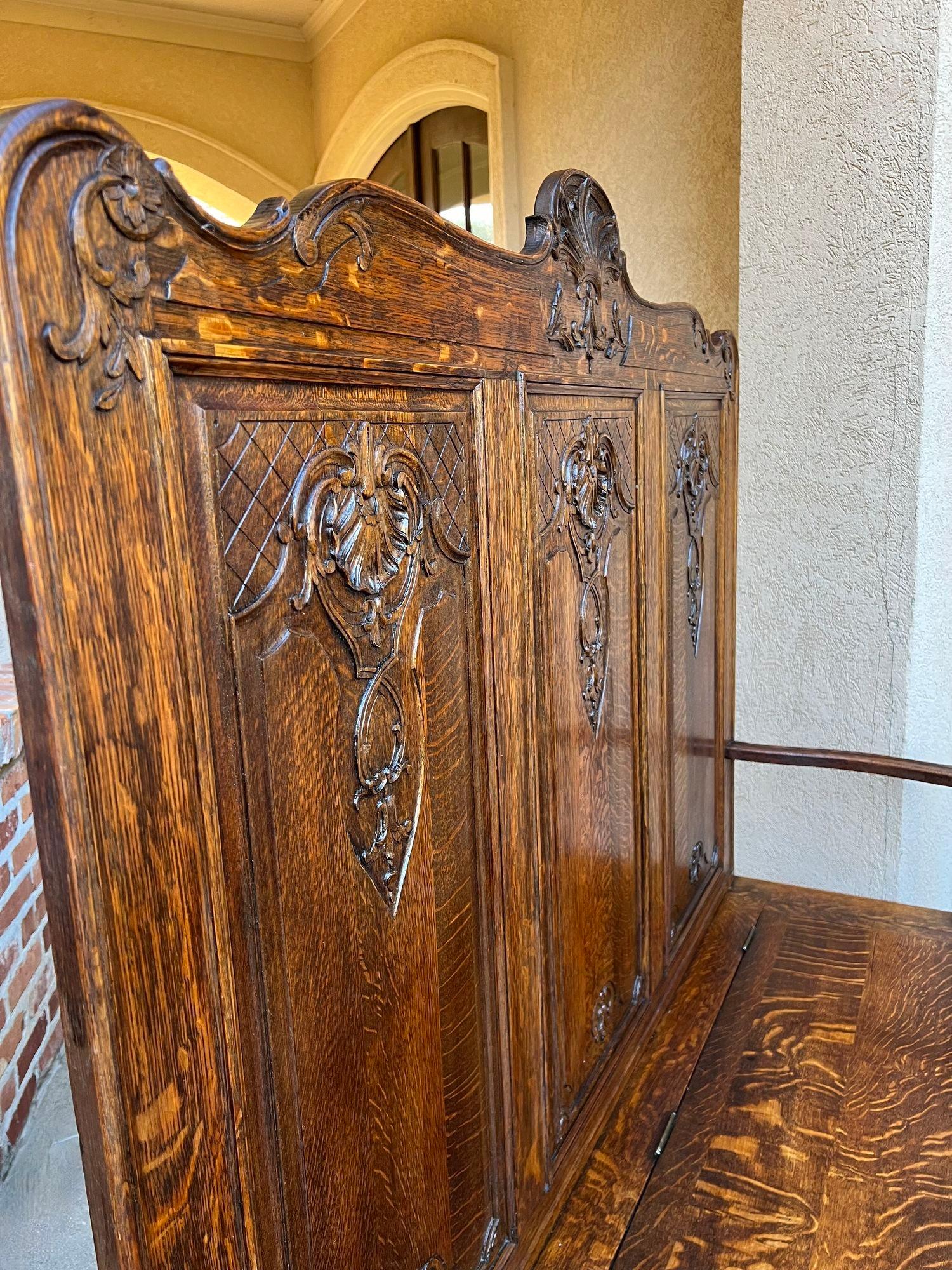 TALL Antique French Louis XV Bench Settle Pew Carved Tiger Oak Chest Foyer Entry For Sale 9