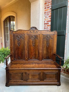 TALL Antique French Louis XV Bench Settle Pew Carved Tiger Oak Chest Foyer Entry