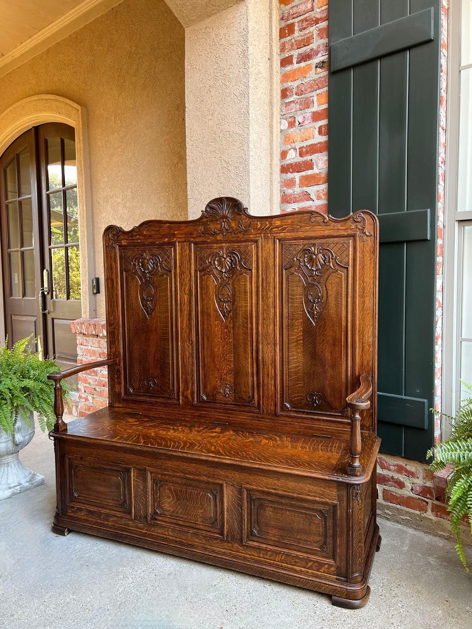 French Provincial TALL Antique French Louis XV Bench Settle Pew Carved Tiger Oak Chest Foyer Entry For Sale