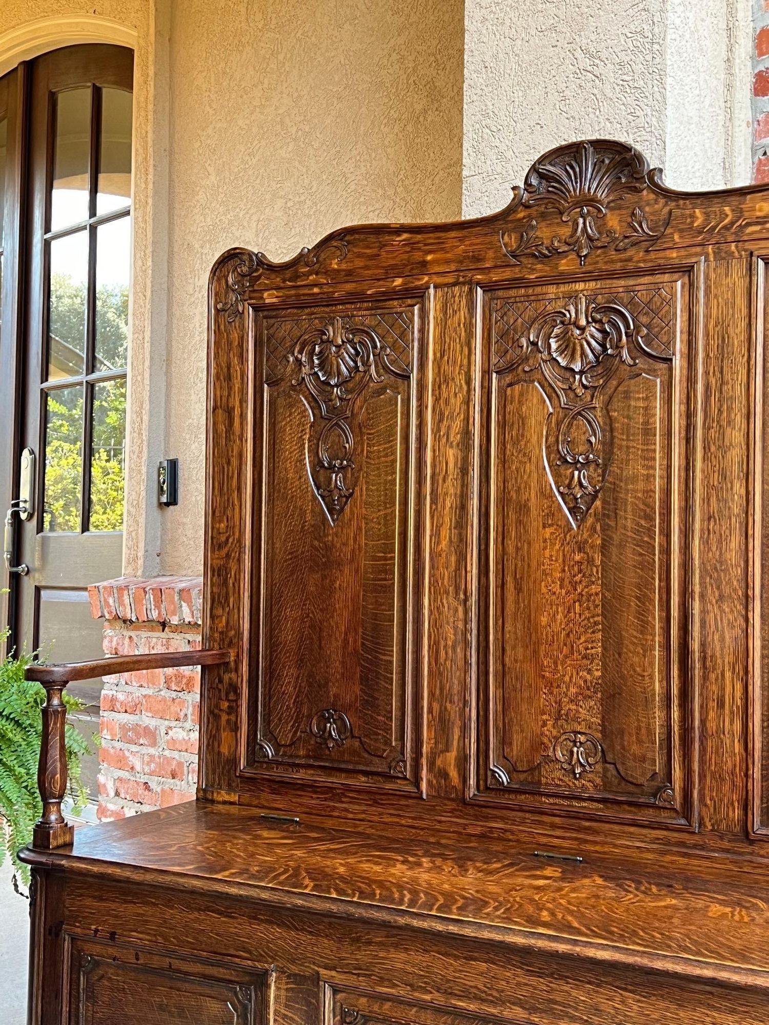 TALL Antique French Louis XV Bench Settle Pew Carved Tiger Oak Chest Foyer Entry In Excellent Condition For Sale In Shreveport, LA