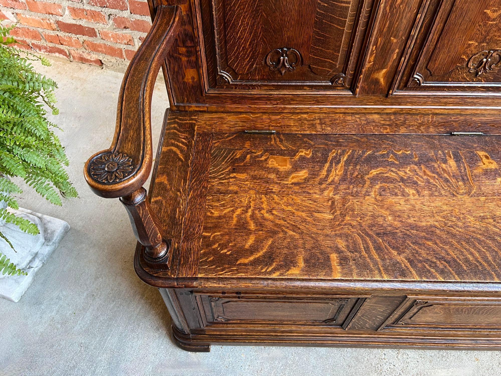 TALL Antique French Louis XV Bench Settle Pew Carved Tiger Oak Chest Foyer Entry For Sale 1