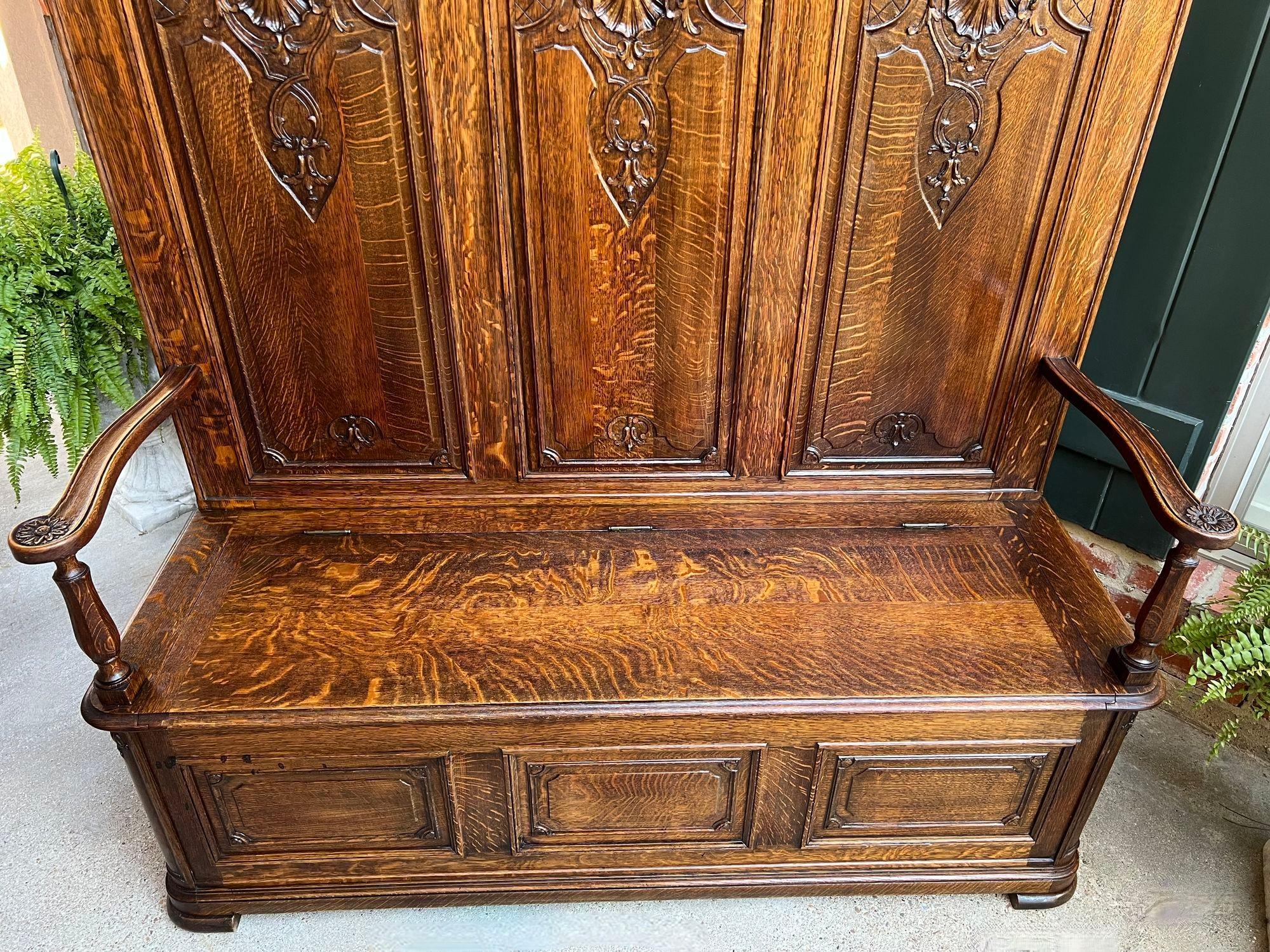 TALL Antique French Louis XV Bench Settle Pew Carved Tiger Oak Chest Foyer Entry For Sale 2