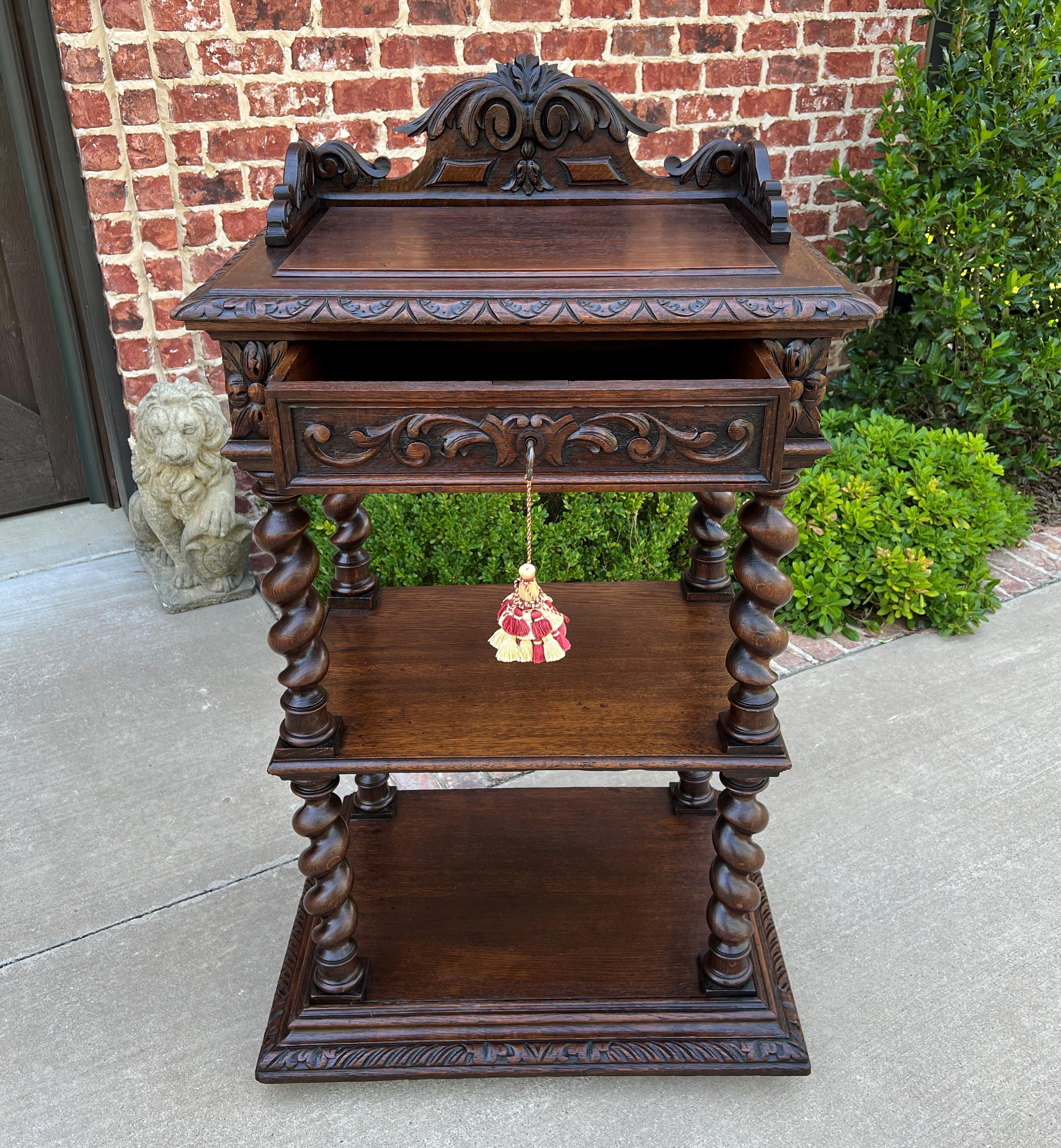 Tall Antique French Server Pedestal Barley Twist Nightstand End Table Drawer Oak For Sale 3