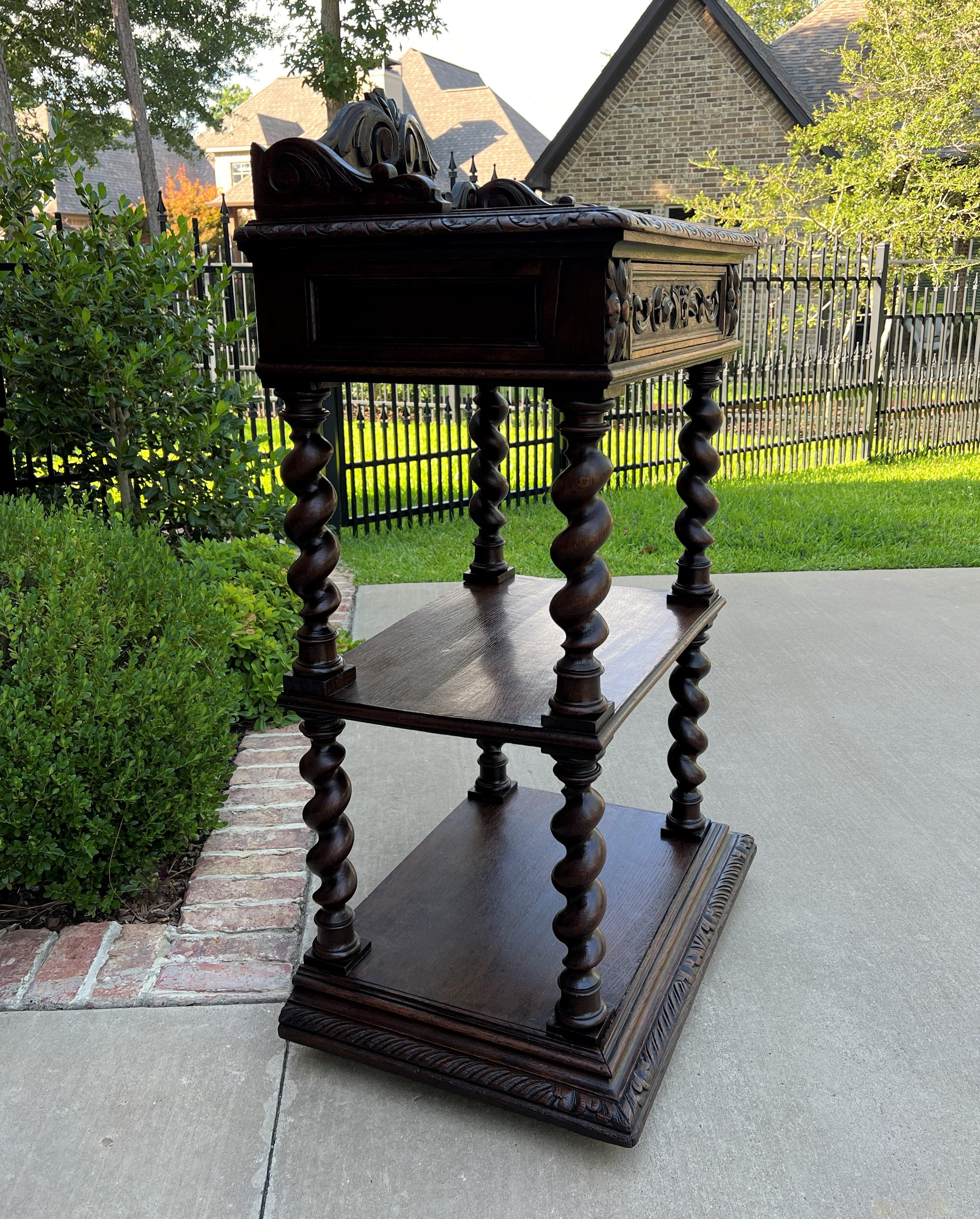 Renaissance Revival Tall Antique French Server Pedestal Barley Twist Nightstand End Table Drawer Oak For Sale
