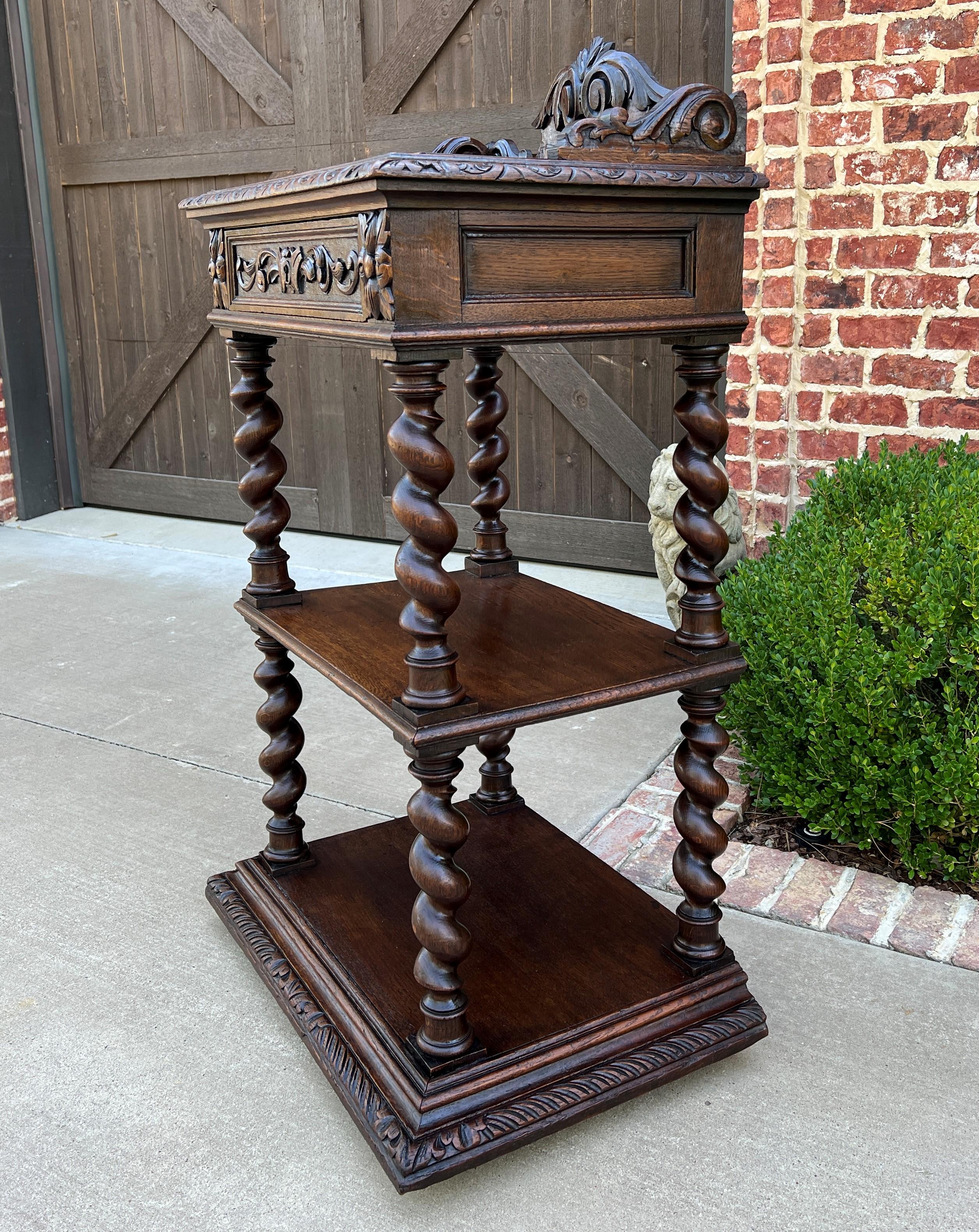 Late 19th Century Tall Antique French Server Pedestal Barley Twist Nightstand End Table Drawer Oak For Sale