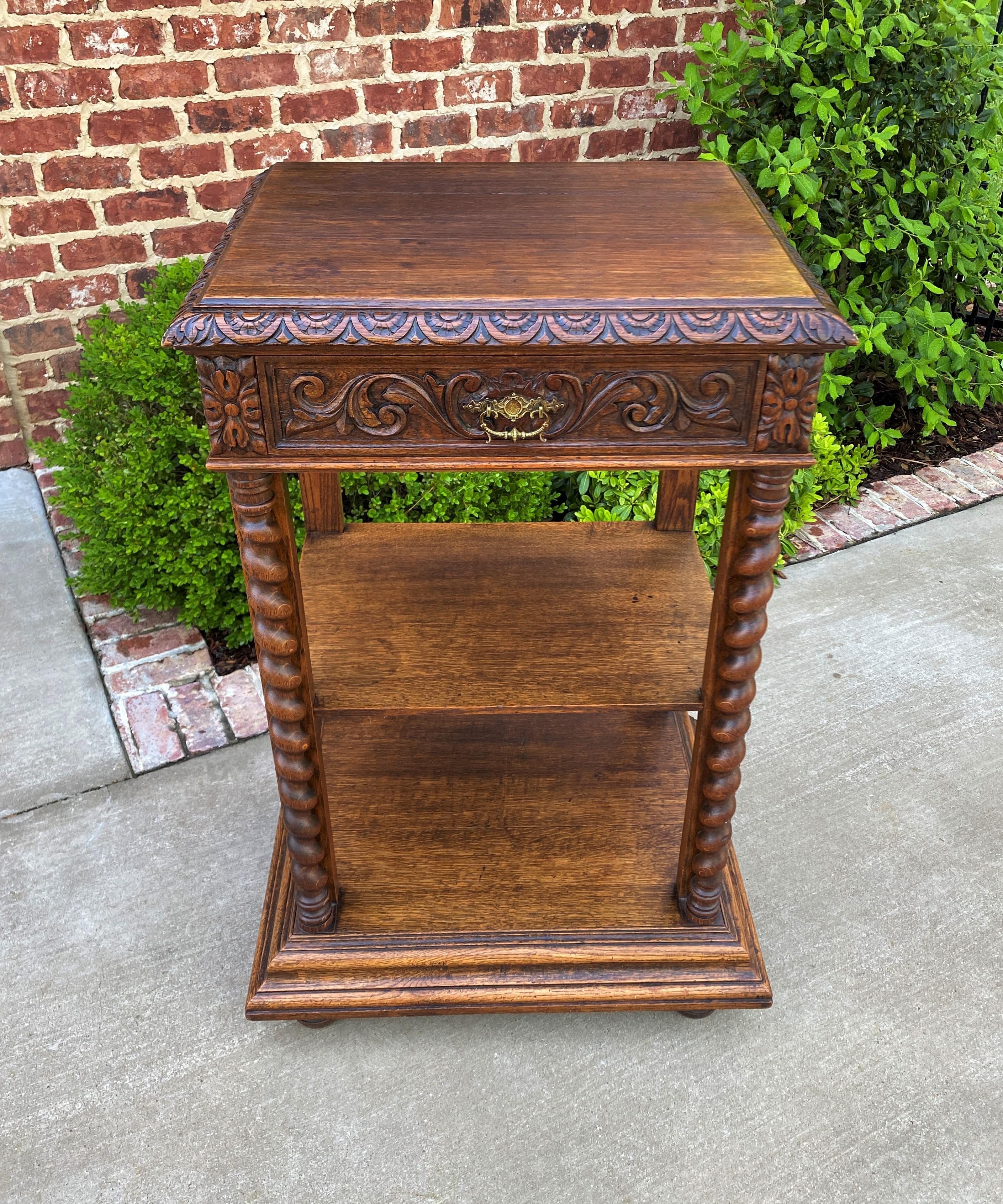 Oak Tall Antique French Server Pedestal Barley Twist Nightstand Table Drawer 19th C