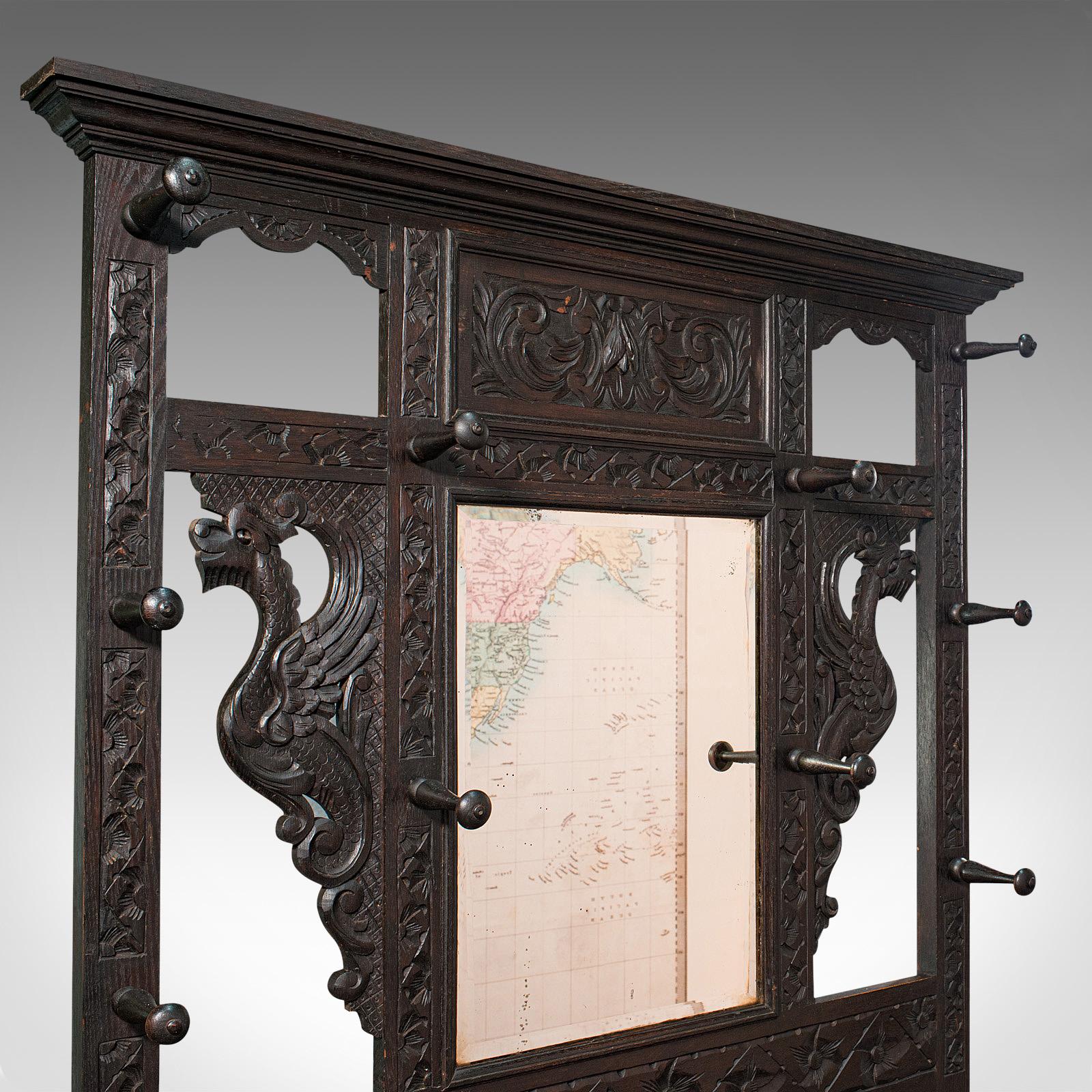 Tall Antique Hall Stand, English, Oak, Mirror, Coat Rack, Chinoiserie, Victorian In Good Condition In Hele, Devon, GB