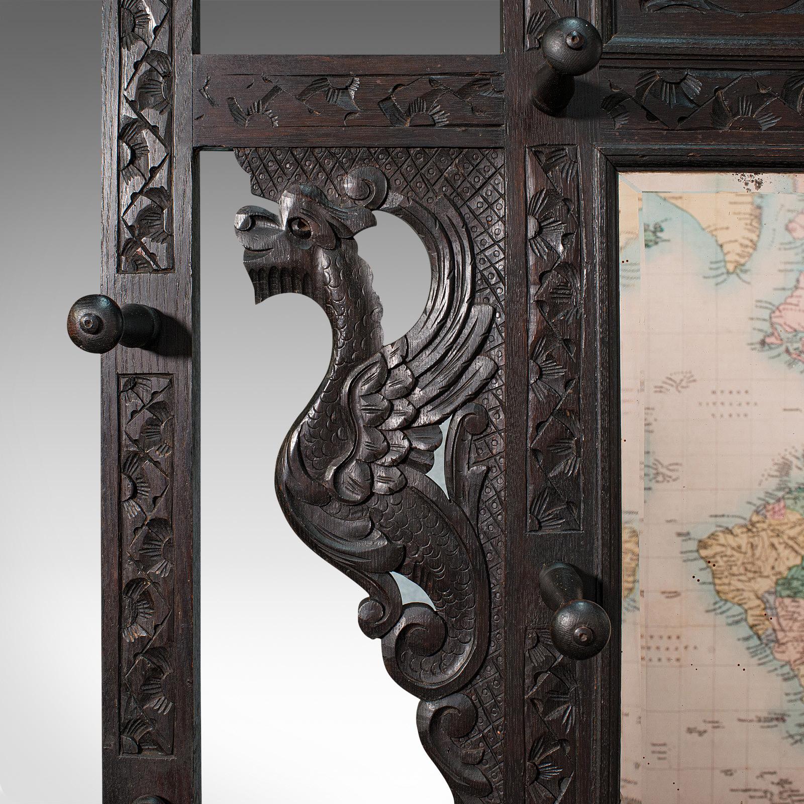 19th Century Tall Antique Hall Stand, English, Oak, Mirror, Coat Rack, Chinoiserie, Victorian