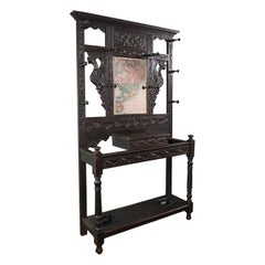 Tall Antique Hall Stand, English, Oak, Mirror, Coat Rack, Chinoiserie, Victorian