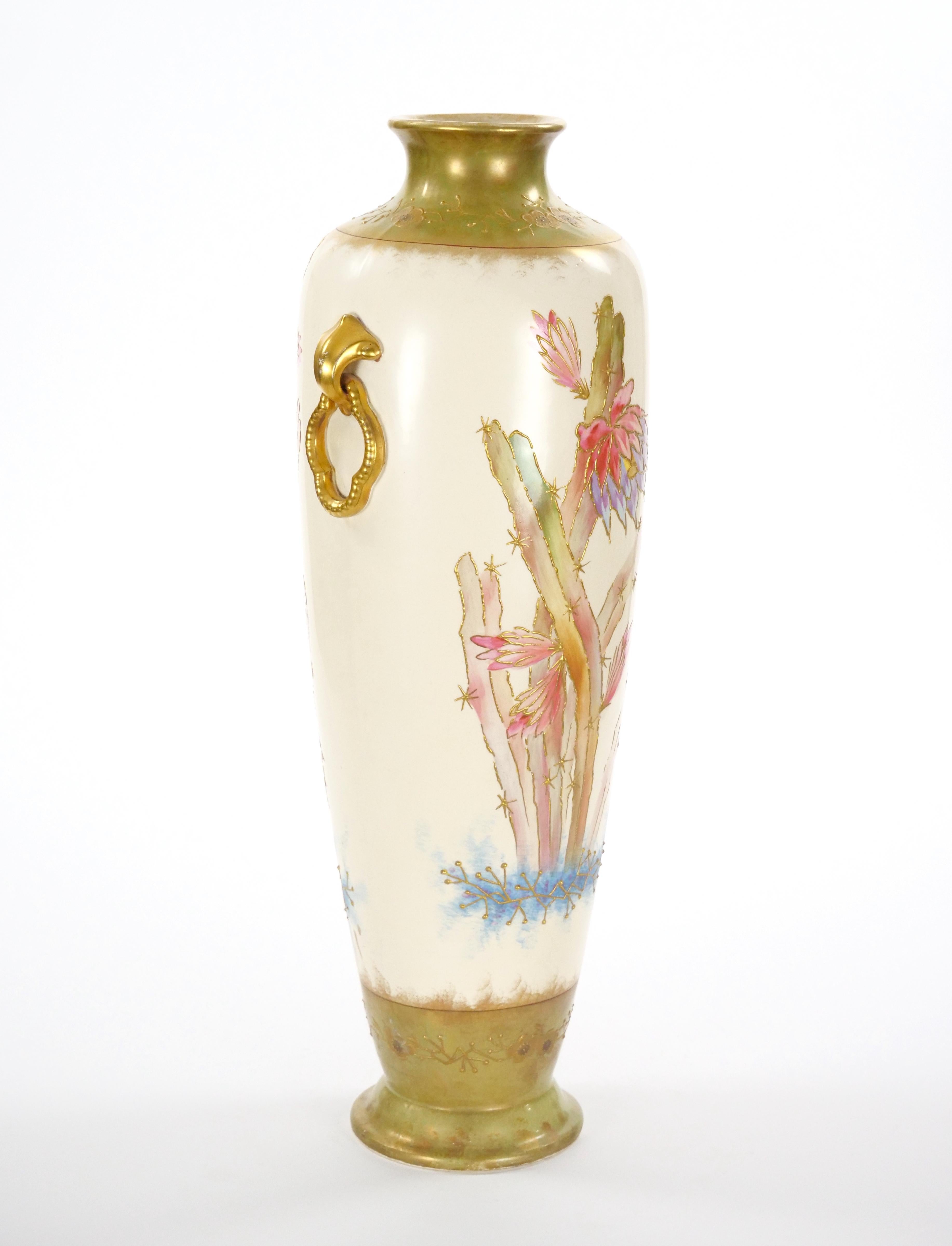 This grand and elegant porcelain vase was masterfully crafted in the 19th century by the esteemed Royal Bonn Company in Germany. Standing impressively at approximately 23 inches tall with a 7-inch diameter, this vase is a striking example of antique