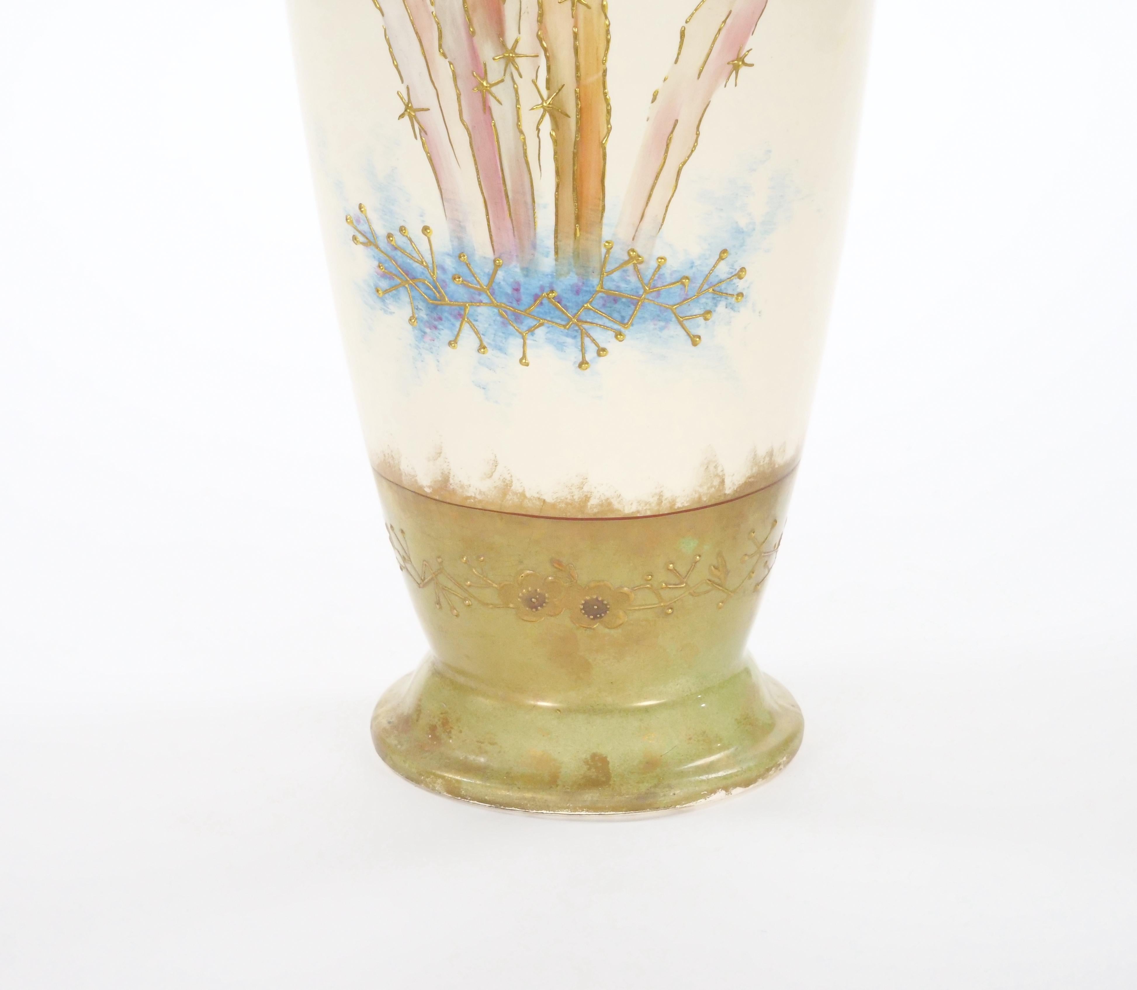 Gold Tall Antique Hand Painted & Gilt Decorated German Porcelain Decorative Vase For Sale