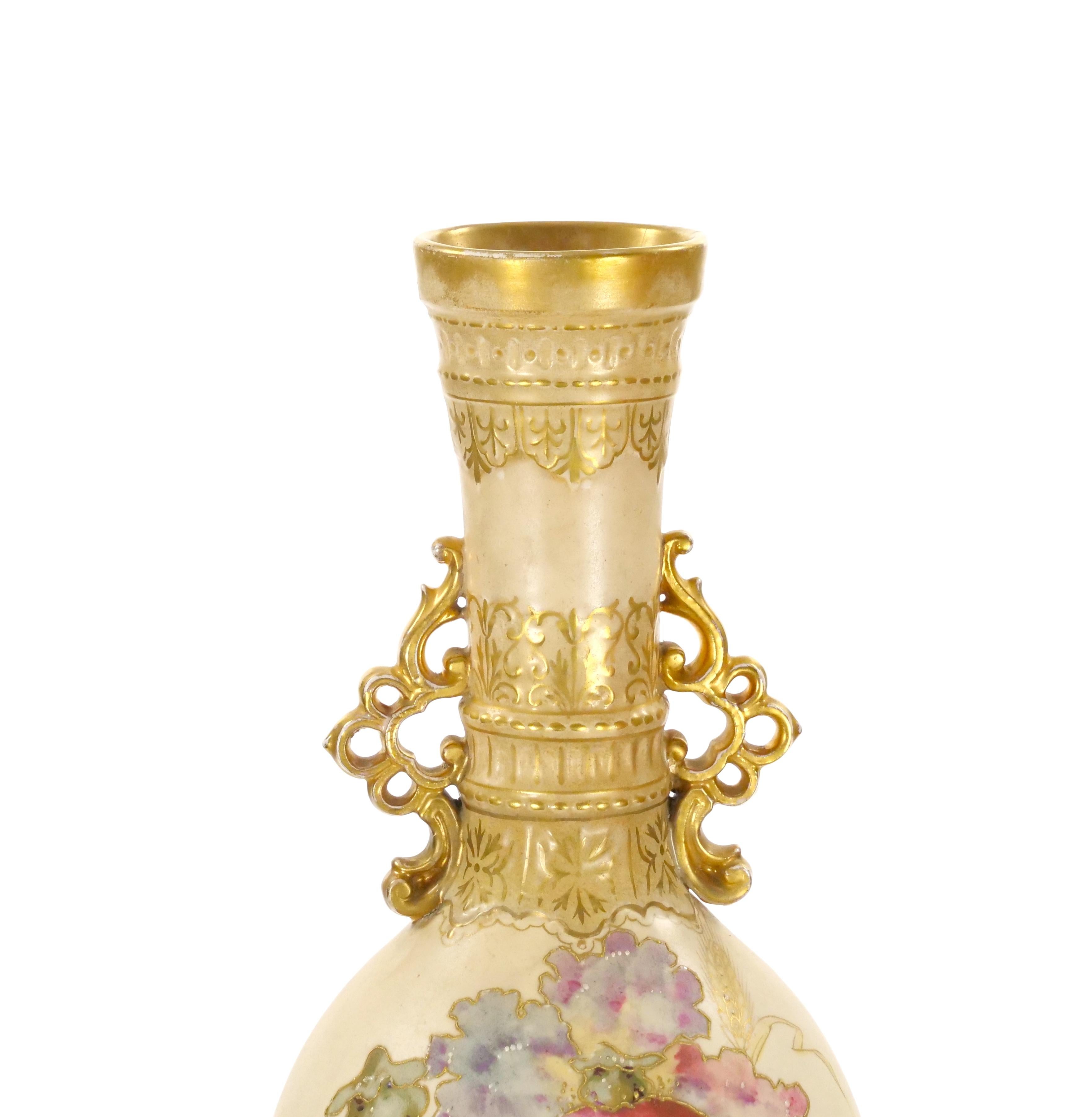 Gold Tall Antique Hand Painted & Gilt Decorated German Porcelain Decorative Vase For Sale