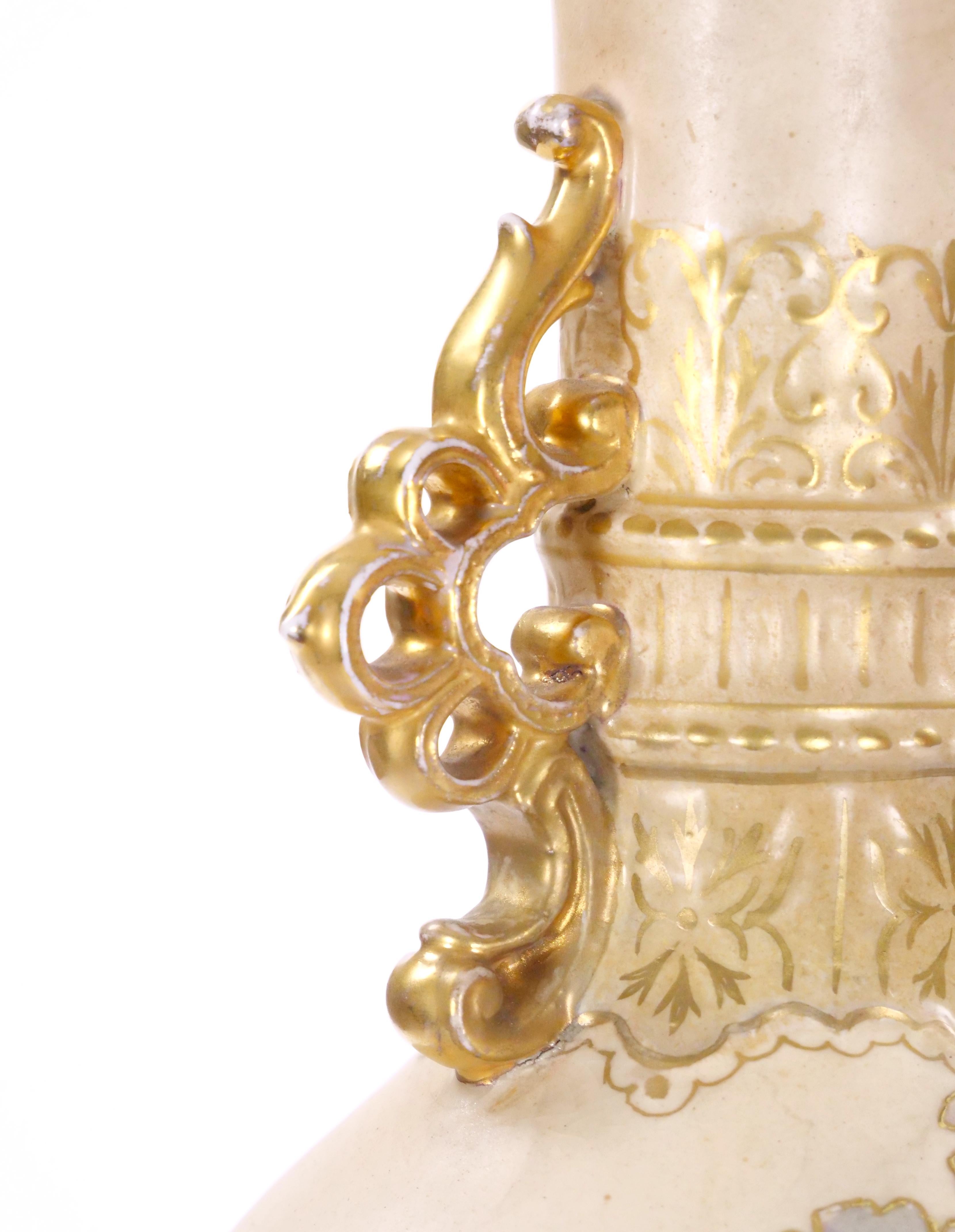 Tall Antique Hand Painted & Gilt Decorated German Porcelain Decorative Vase For Sale 3