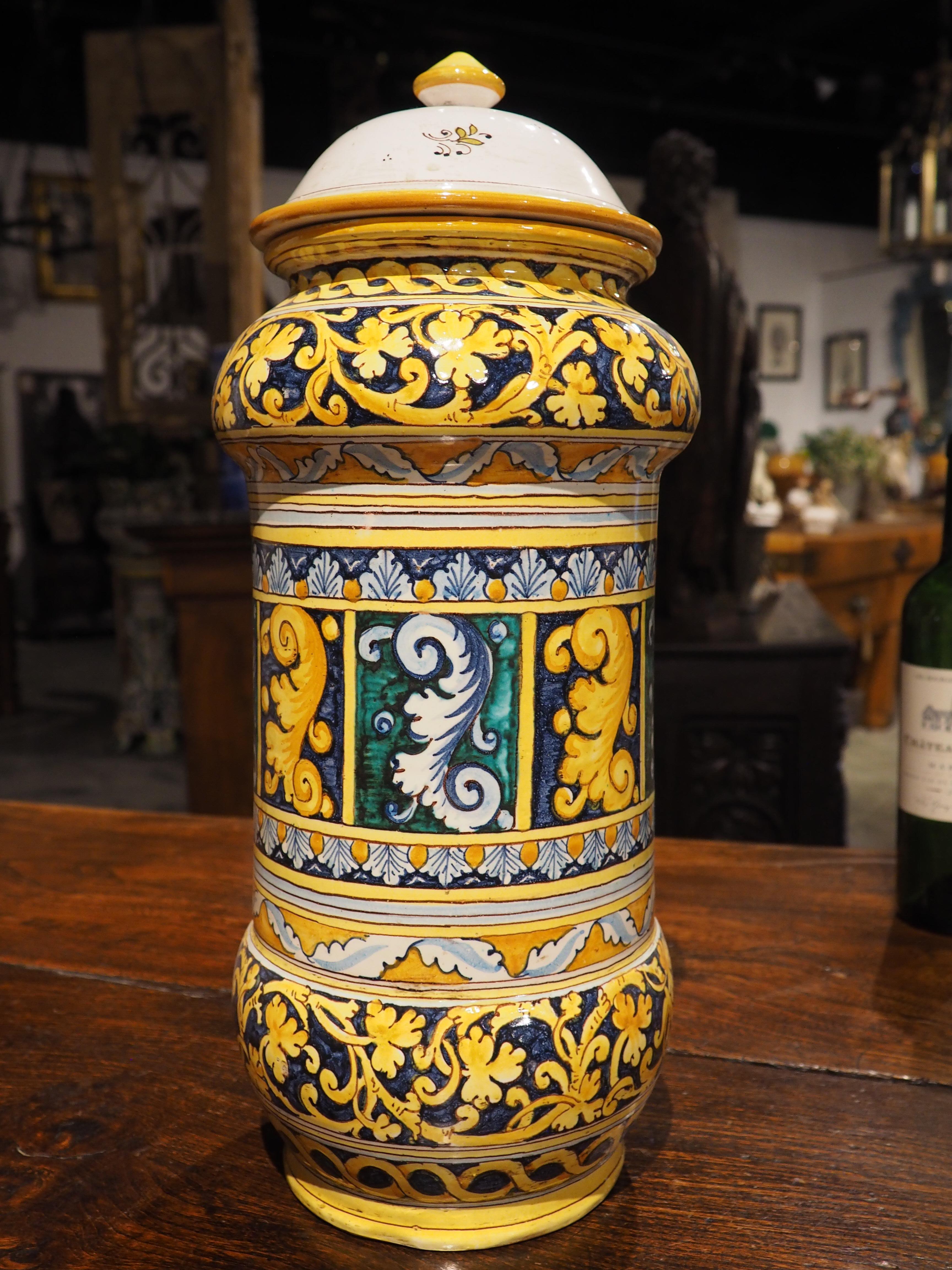 Antico vaso Albarello con coperchio blu e giallo, XIX secolo in vendita 4