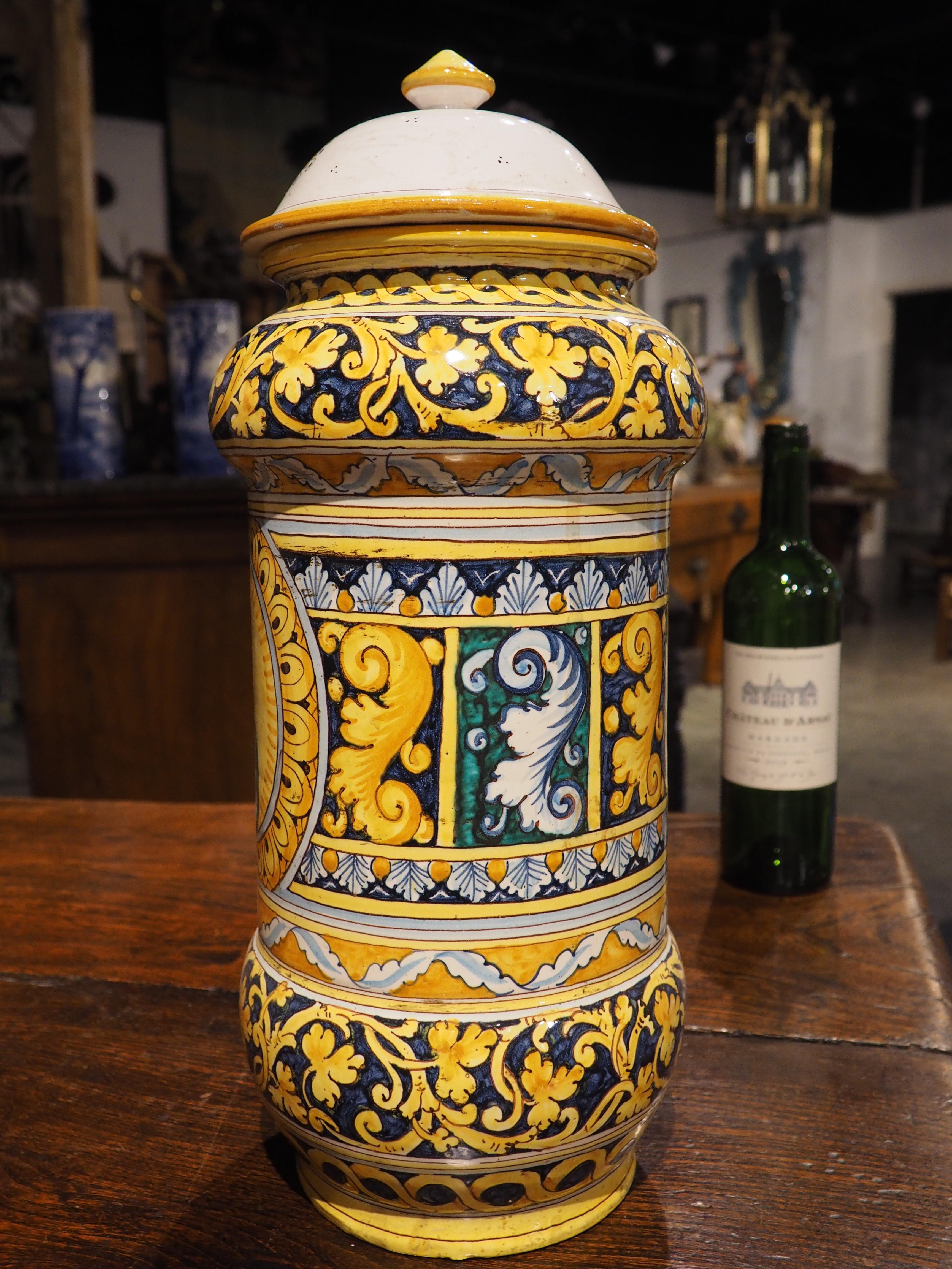 Antico vaso Albarello con coperchio blu e giallo, XIX secolo in vendita 5