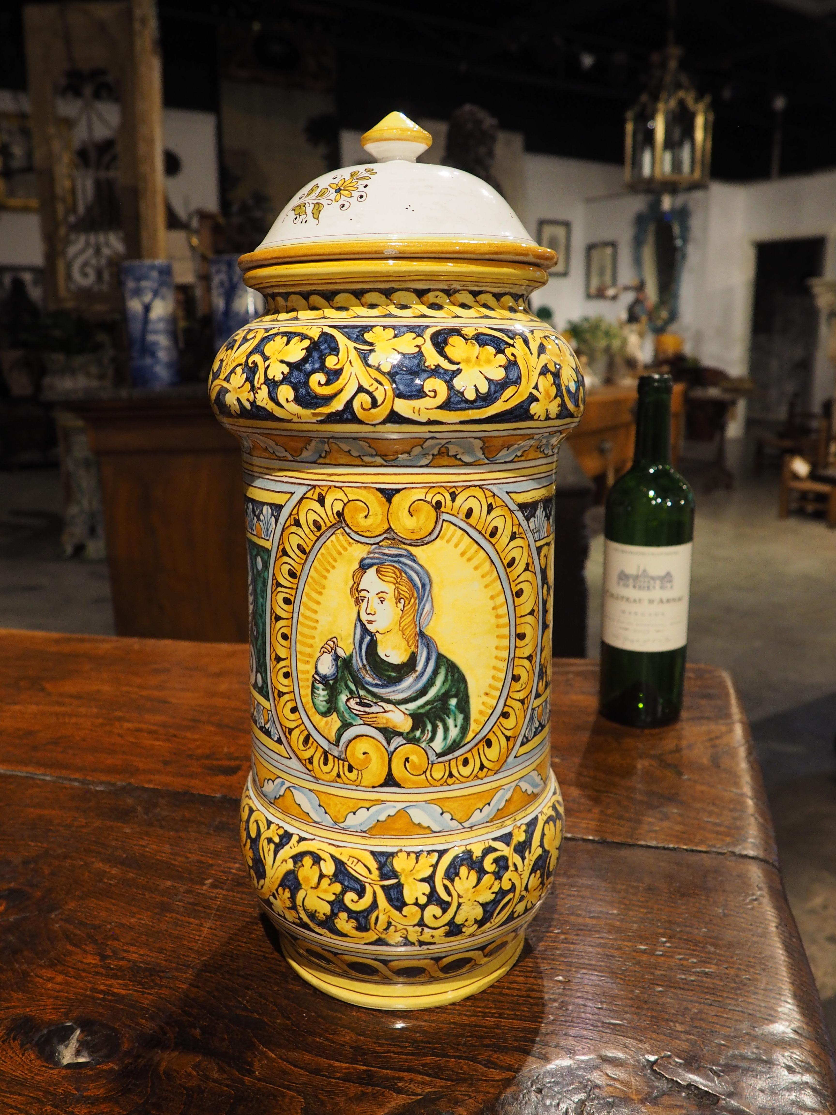 Antico vaso Albarello con coperchio blu e giallo, XIX secolo in vendita 9