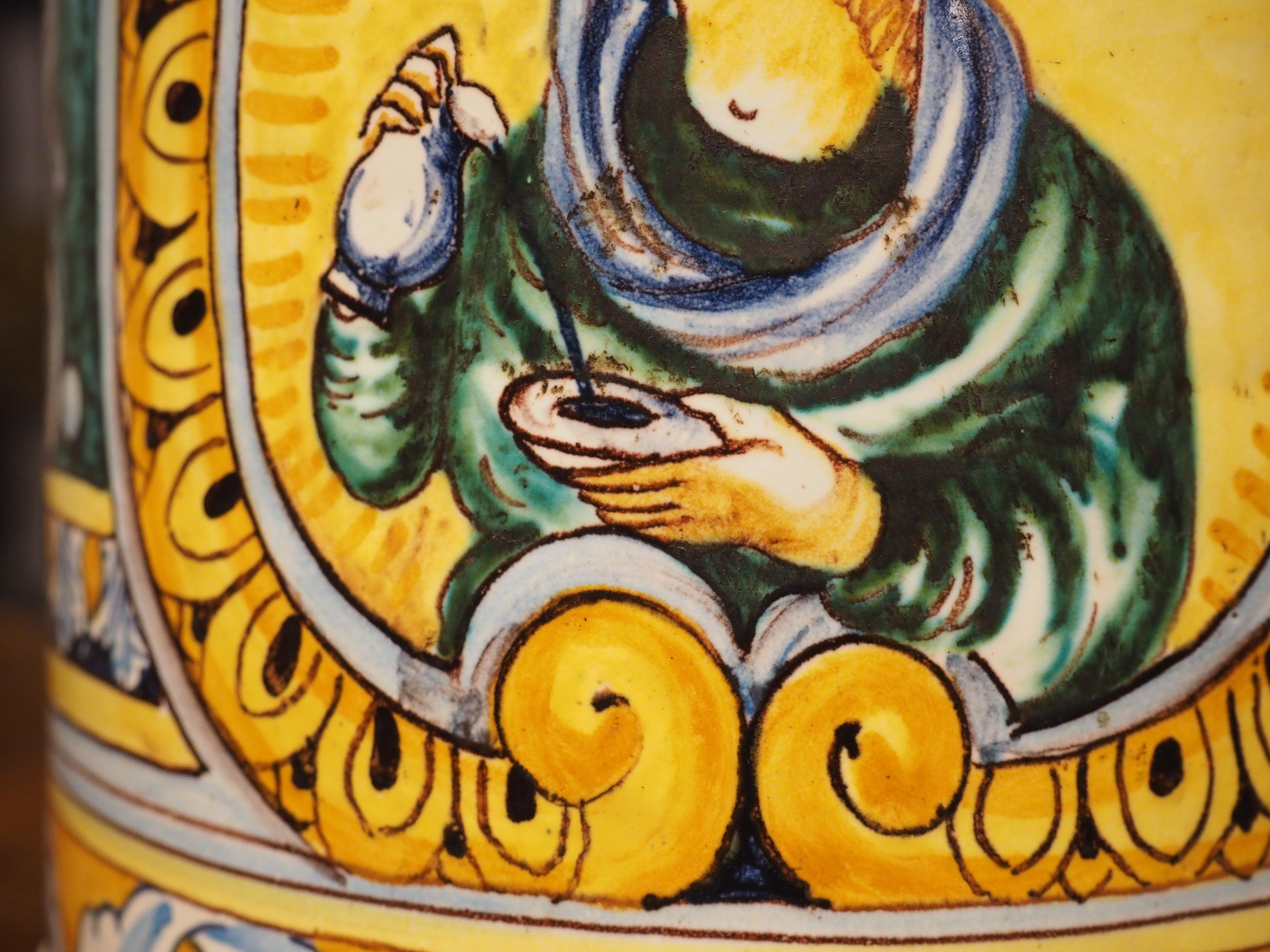 Antico vaso Albarello con coperchio blu e giallo, XIX secolo in vendita 1
