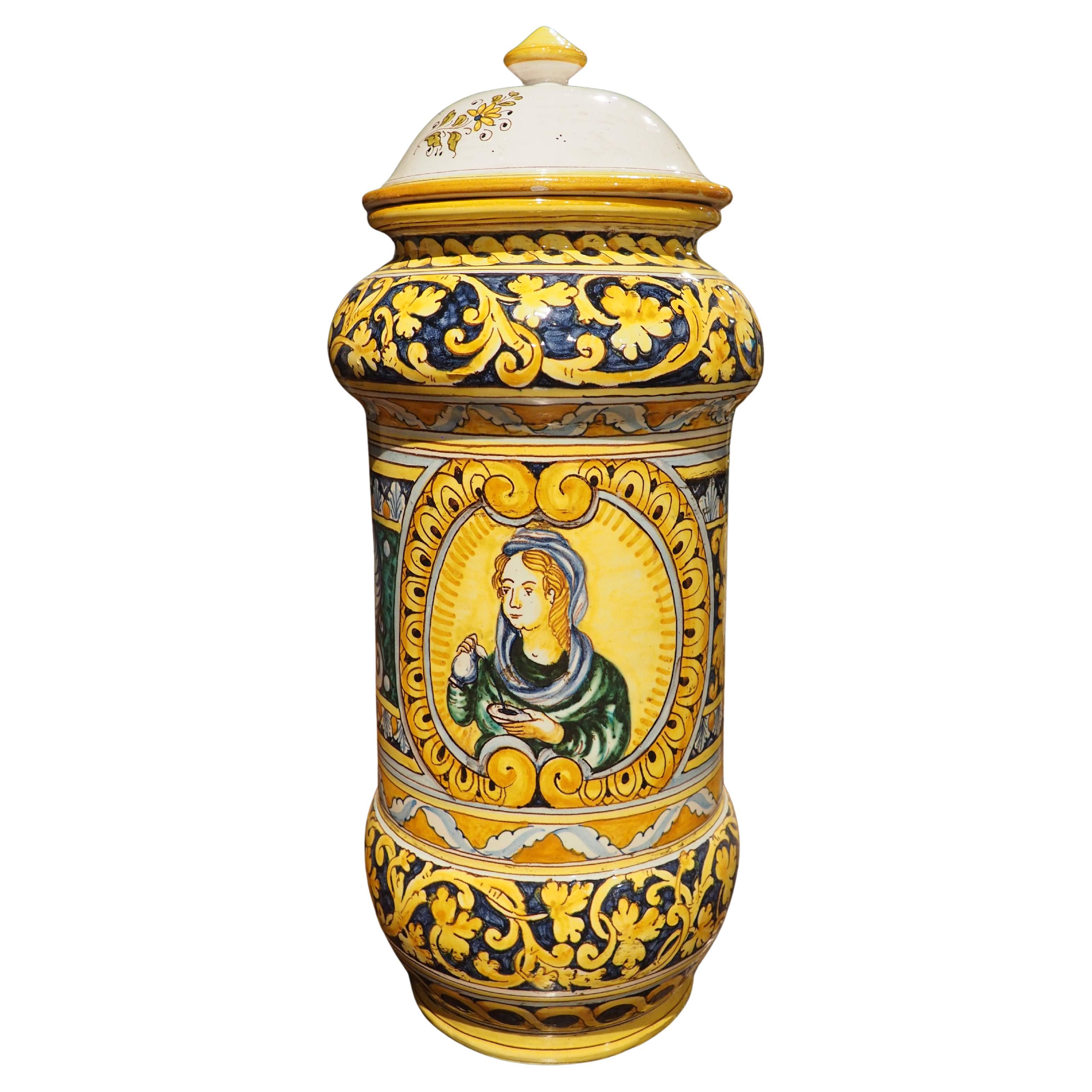 Antico vaso Albarello con coperchio blu e giallo, XIX secolo in vendita