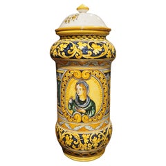 Olla alta italiana antigua con tapa azul y amarilla de Albarello, Siglo XIX