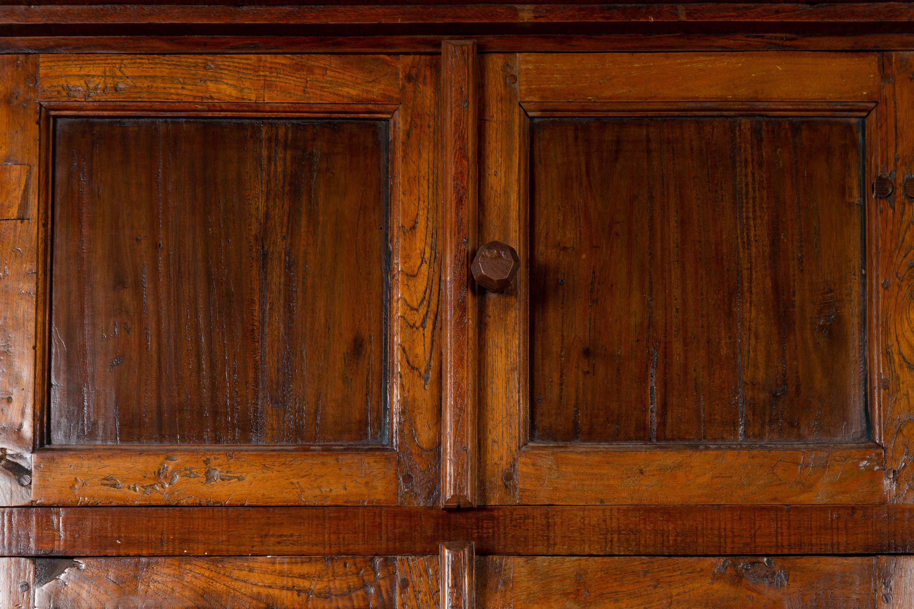 Tall Antique Javanese Teak Wood Cabinet with Four Double Doors and Drawers 3