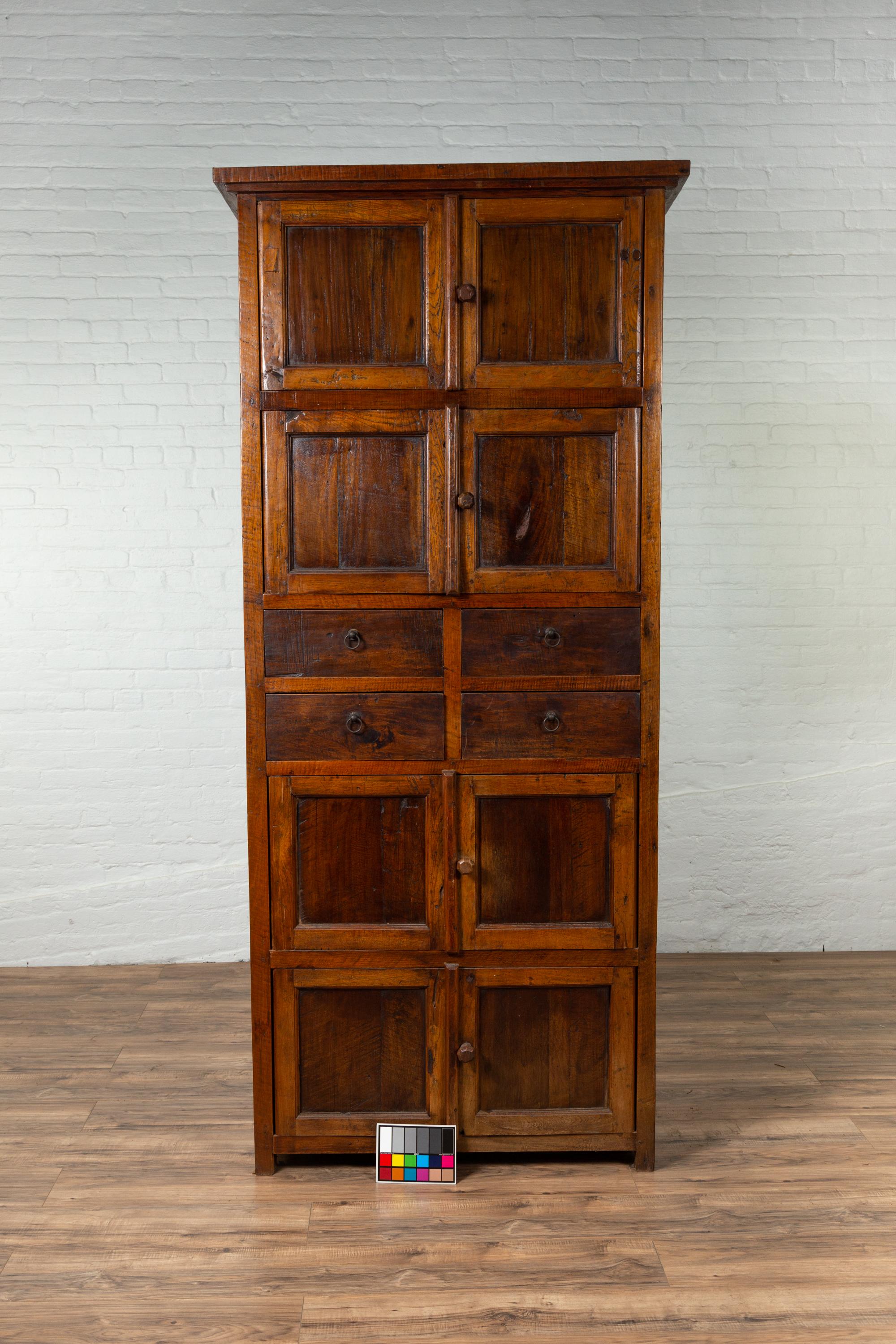 Tall Antique Javanese Teak Wood Cabinet with Four Double Doors and Drawers 13