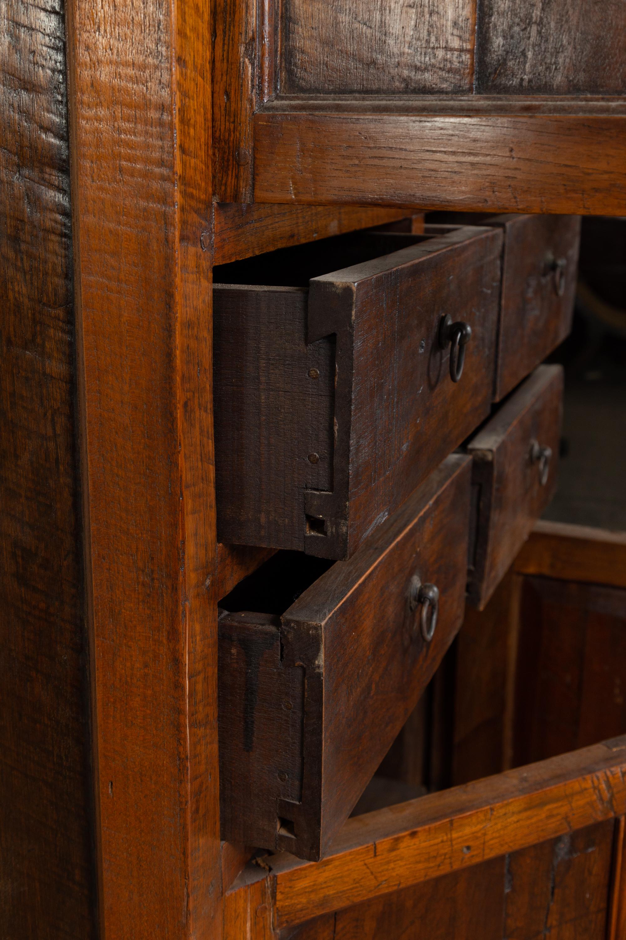 Tall Antique Javanese Teak Wood Cabinet with Four Double Doors and Drawers 1