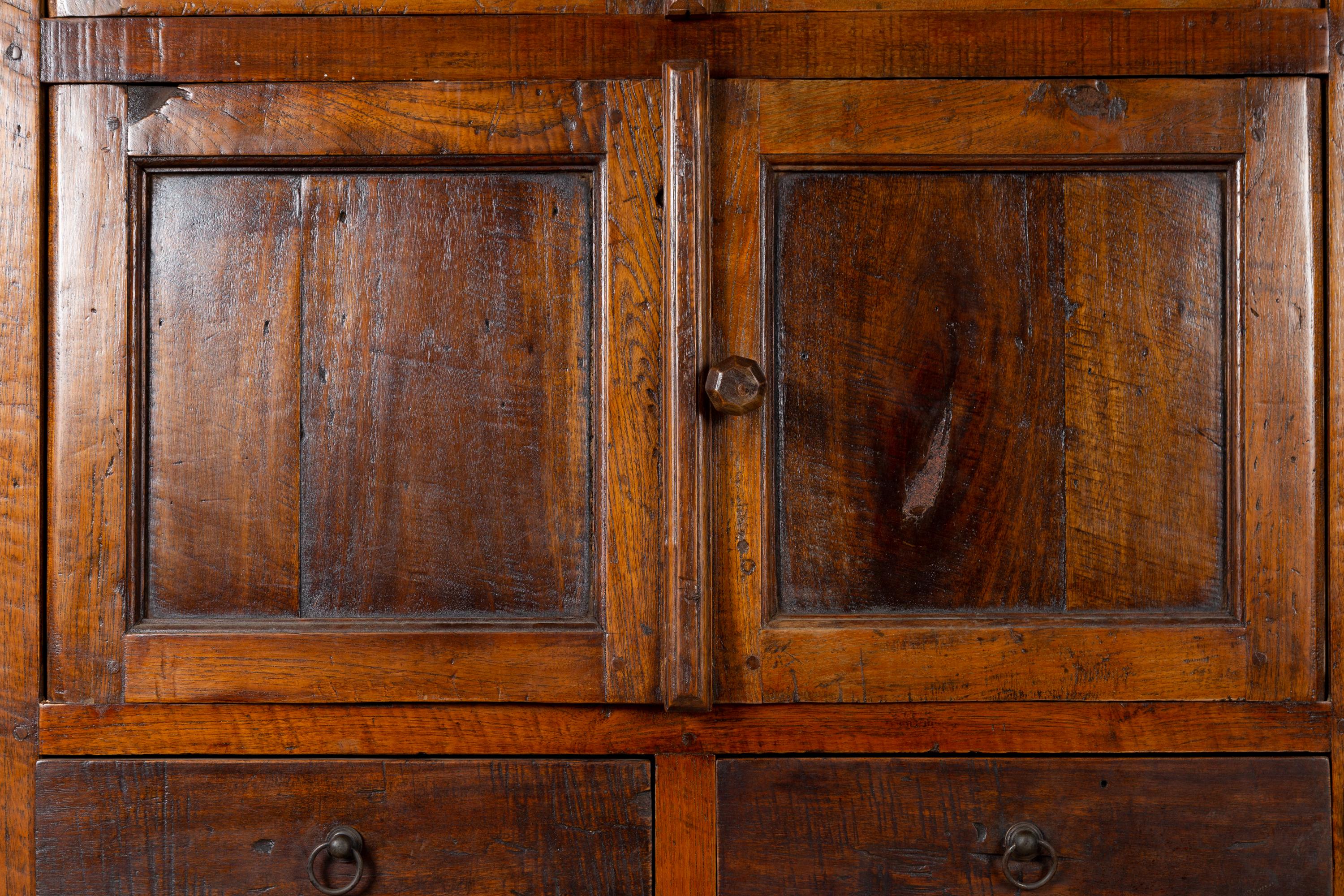 Tall Antique Javanese Teak Wood Cabinet with Four Double Doors and Drawers 2