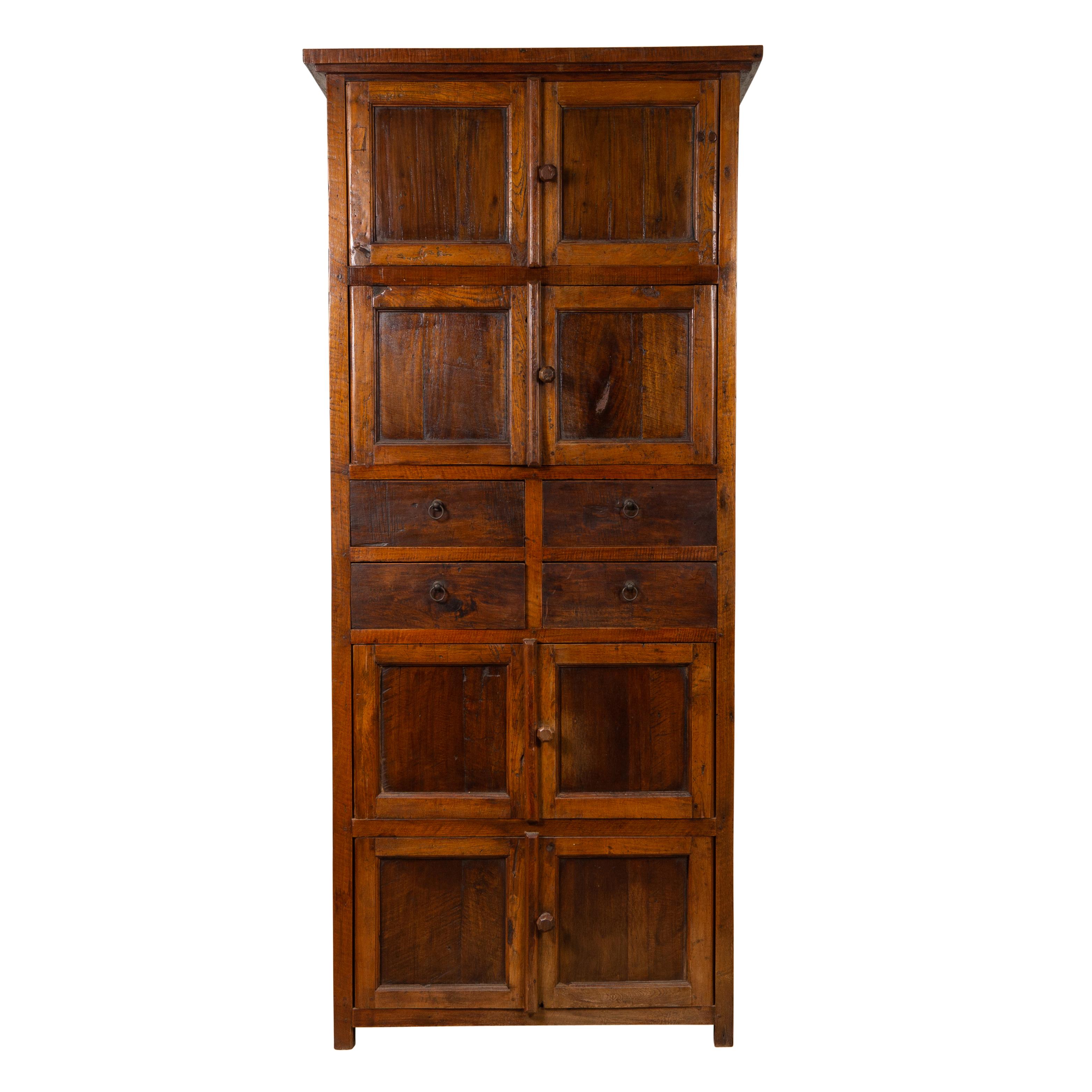 Tall Antique Javanese Teak Wood Cabinet with Four Double Doors and Drawers
