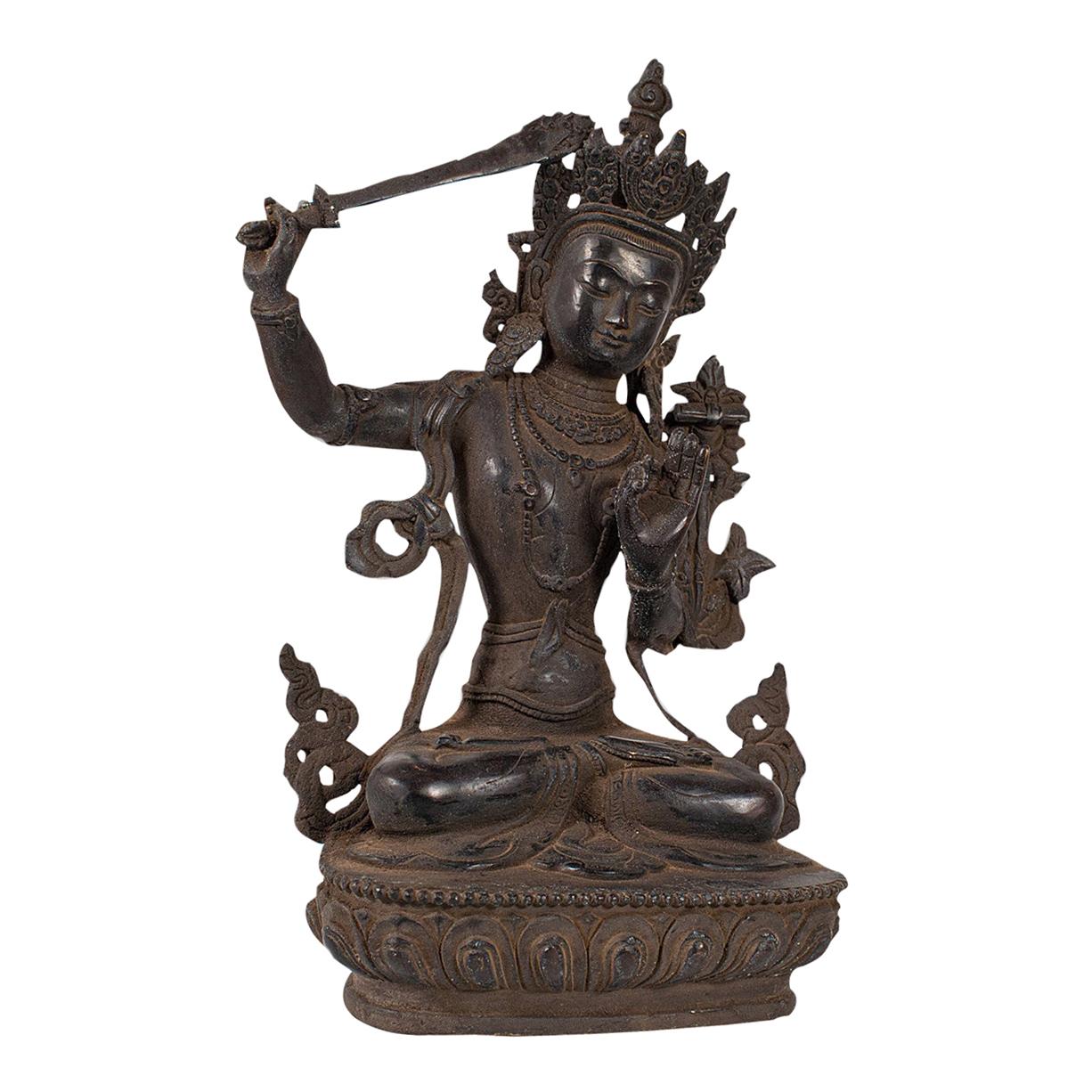 Tall Antique Manjushri Statue, Oriental, Bronze Figure, Seated Deity, circa 1900