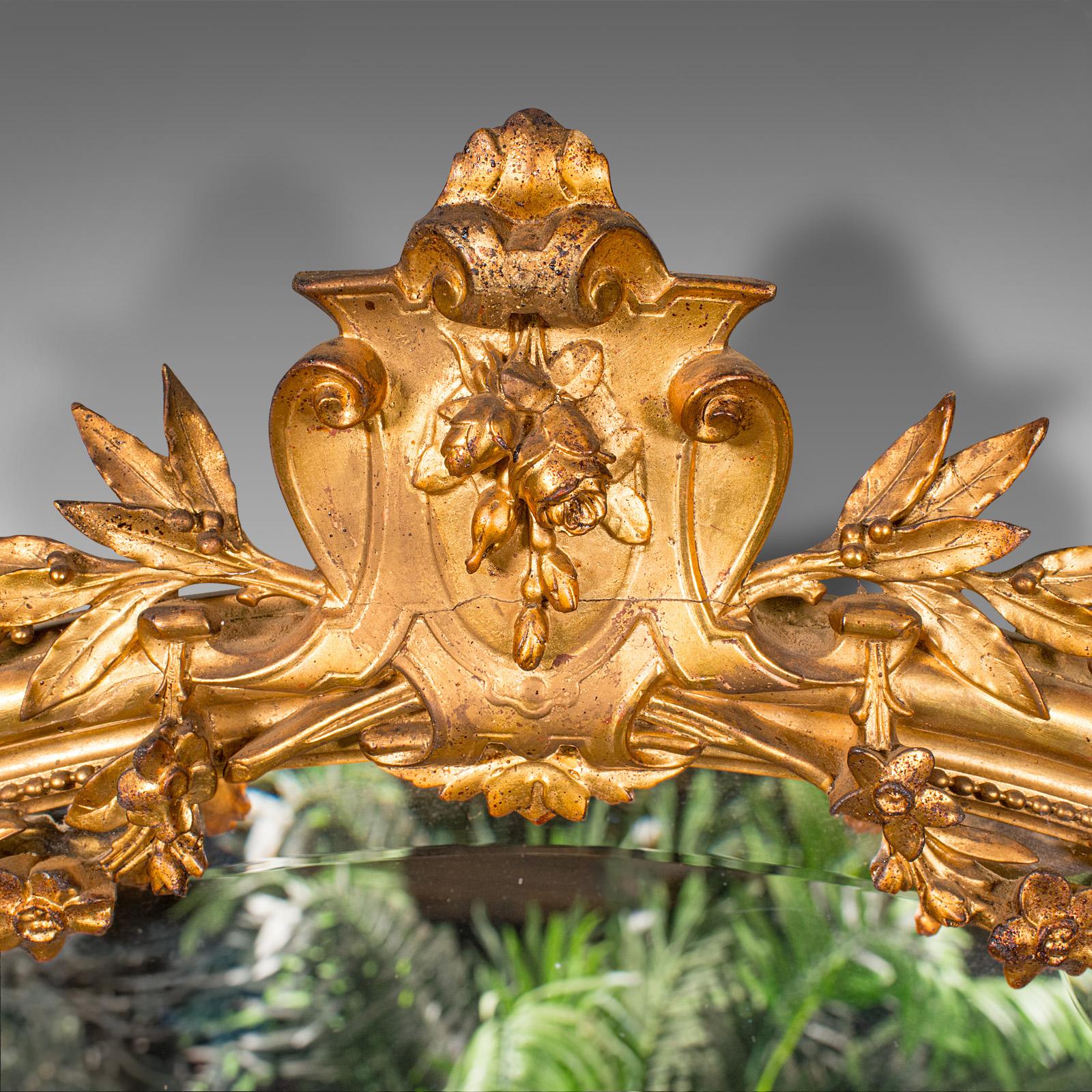 Late Victorian Tall Antique Overmantle Mirror, German Giltwood, Bevelled Plate, Wall, Victorian