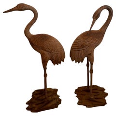 Tall Antique Pair of Iron Cranes Birds for the Garden