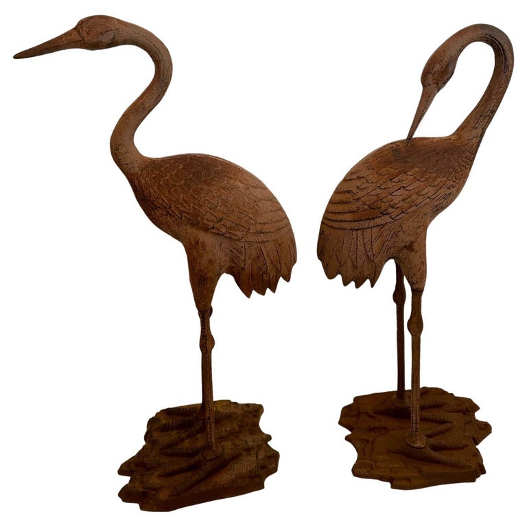 Tall Antique Pair of Iron Cranes Birds for the Garden For Sale at 1stDibs