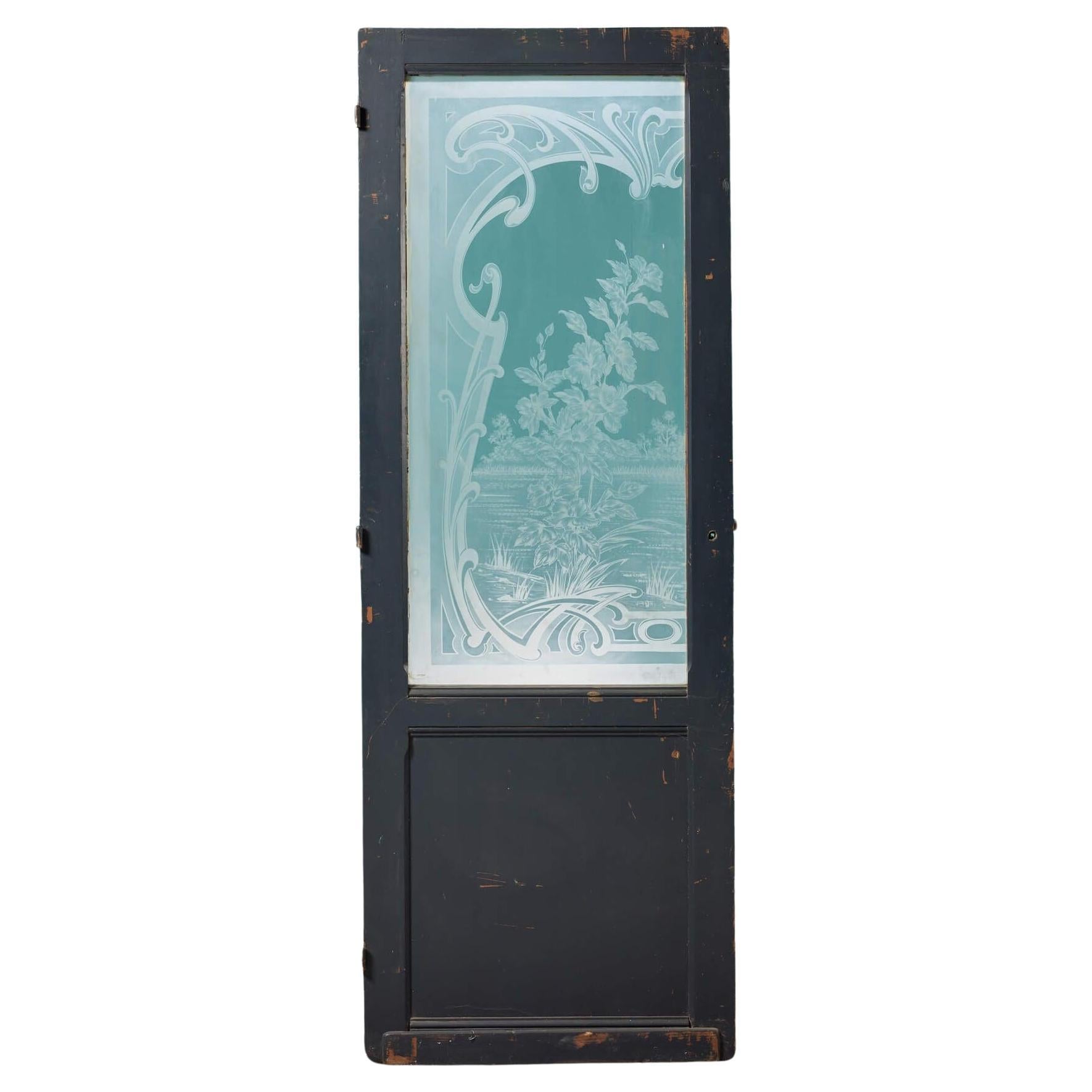 Tall Antique Pitch Pine Acid Etched Glazed Door For Sale