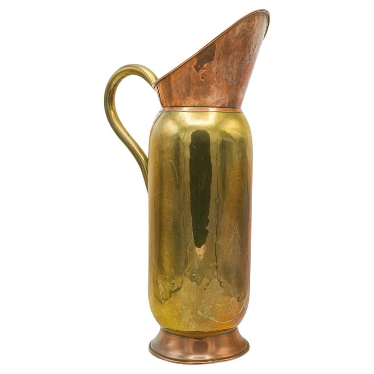 Tall Antique Pouring Jug, English, Brass, Copper, Ewer, Stem Vase