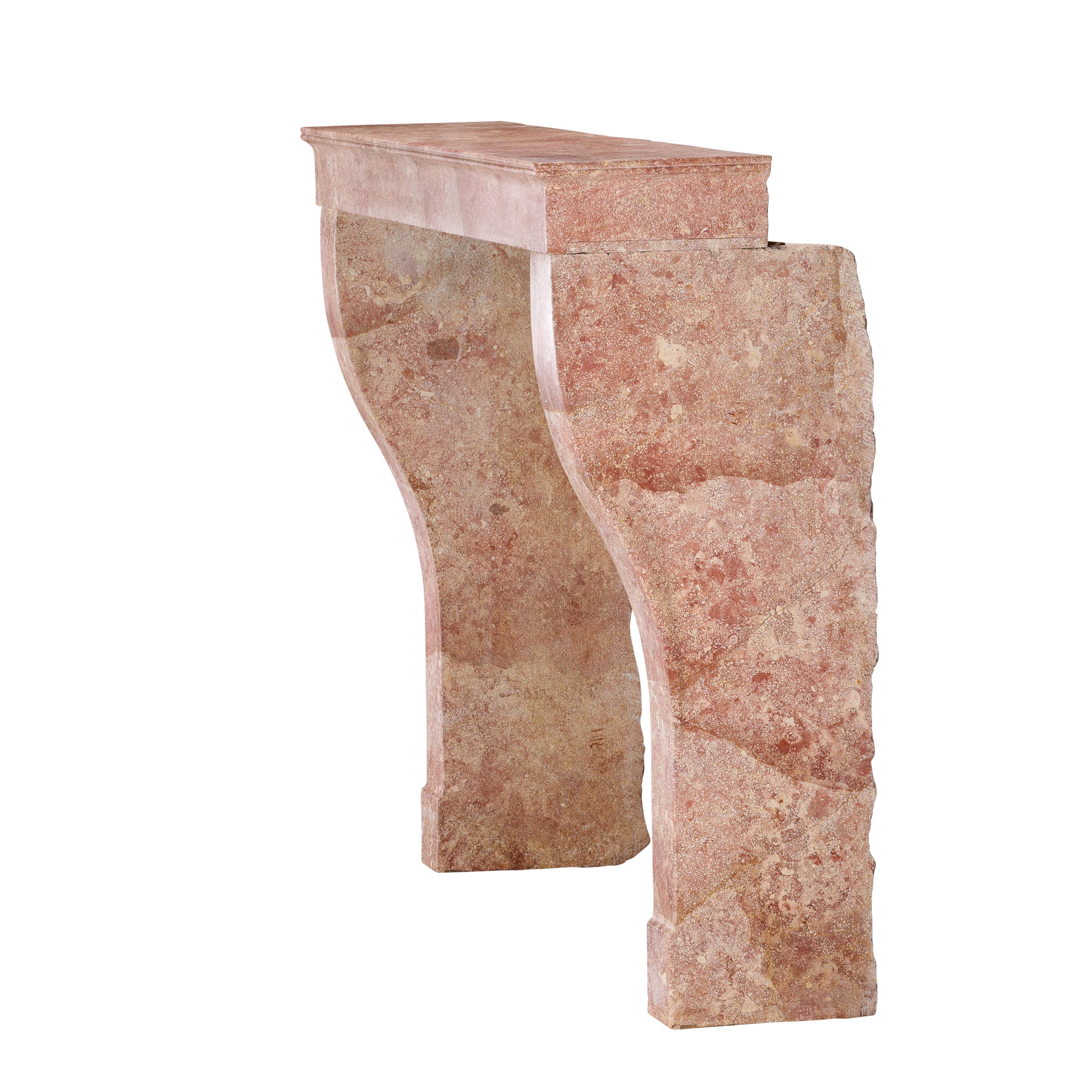 Tall Antique Rose-Pink Marble Stone Fireplace  19th C. Burgundy Château Stone For Sale 3